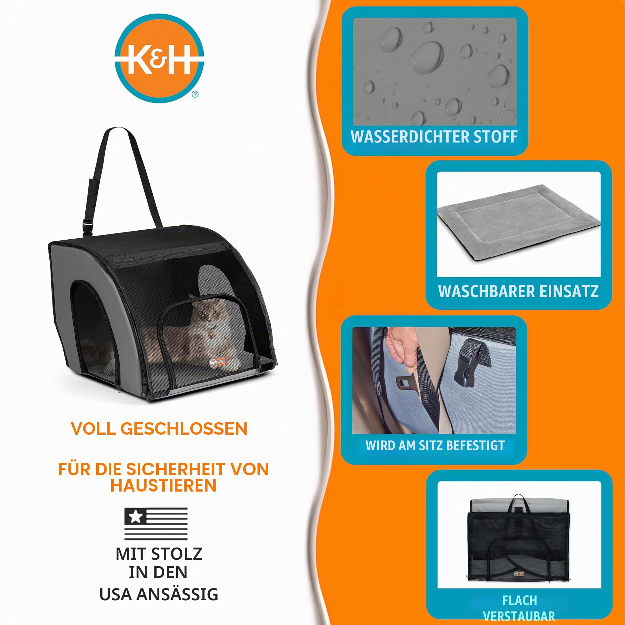 K&H PET Products Reise-Sicherheitstasche für Haustiere, Hundebox für Autoreisen, weiche Seitentasche für Katzen und kleine Hunde, tragbare Autositz-Zwinger, grau/schwarz, klein, 43,2 x 40,6 x 38,1 cm