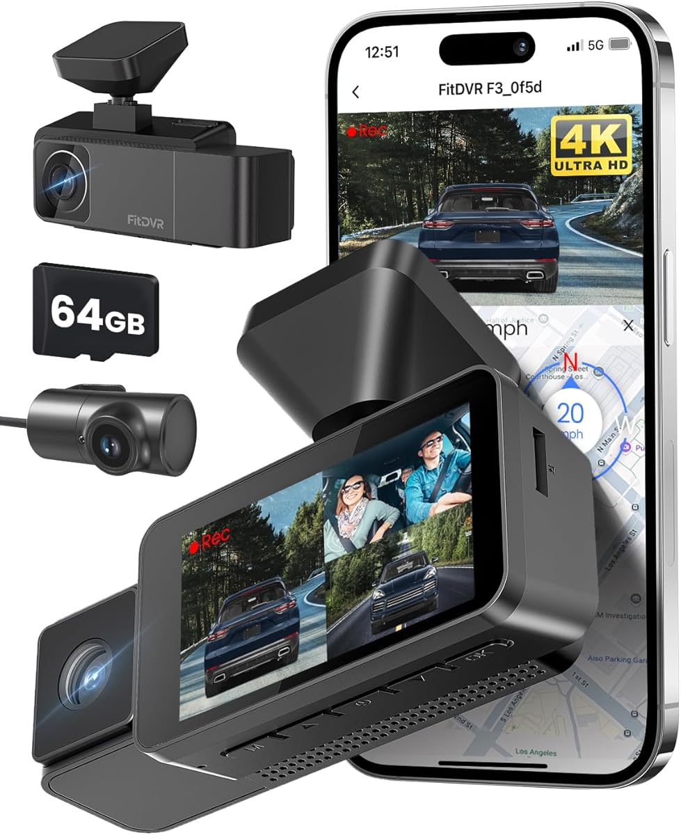 FitDVR 4K 3 Channel Dash Cam, 2160P+1080P+1080P Front and Rear Inside Car Camera with 64GB Card, WiFi Built-in GPS, 3“ IPS Screen, IR Night Vision, G Sensor, WDR(F3) : Electronics