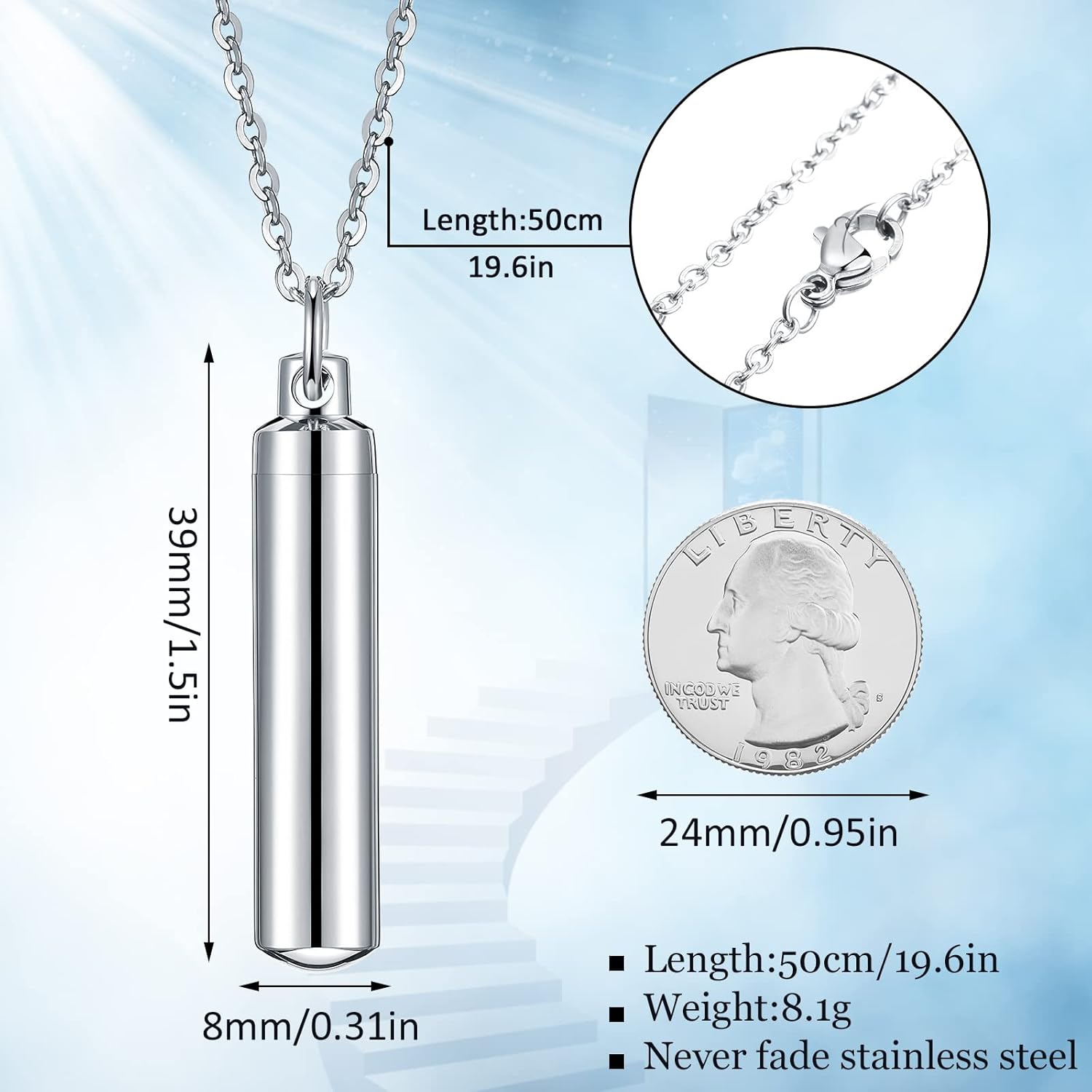 16 Pieces Urn Necklace for Ashes Cremation Cylinder Memorial Silver Stainless Steel Memorial Pendant Jewelry Cylinder Keepsake Pendant with Funnel for Women Men Loved Ones - Image 2