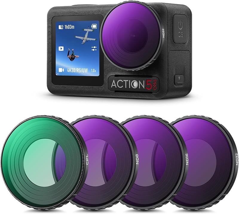 K&F CONCEPT ND PL Filter Kit Compatible with DJI Osmo Action 5 Pro/Action 4 | 4Pack CPL ND8 ND16 ND32 Screw On Polarizing Neutral Density Filter, HD Optical Glass/Multi-Coated/Metal Frame FD131