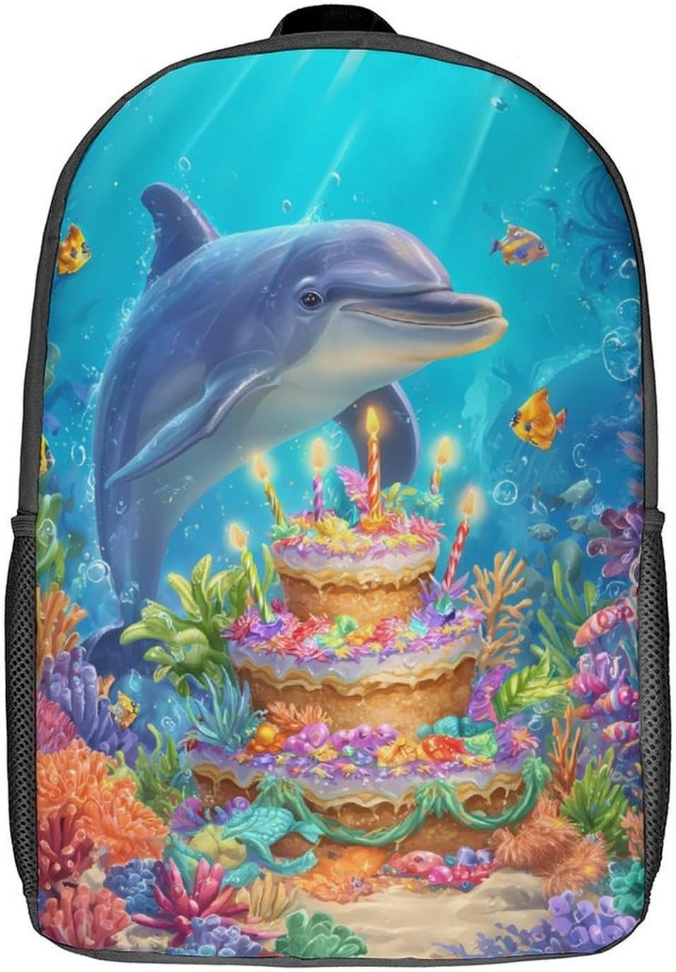 Dolphin with A Birthday Cake Travel Backpack 17 Inch Casual Daypack Bag with Adjustable Shoulder Straps