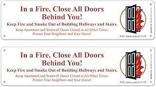 FDNY Sign, (2 Pack) Close All Doors Behind You, Meets NYC Admin Code 15-135, 3x12 Inches, Rust Free 0.40 Aluminum, Fade Resistant, Easy Mounting, Indoor/Outdoor Use, Made in USA by Sigo Signs