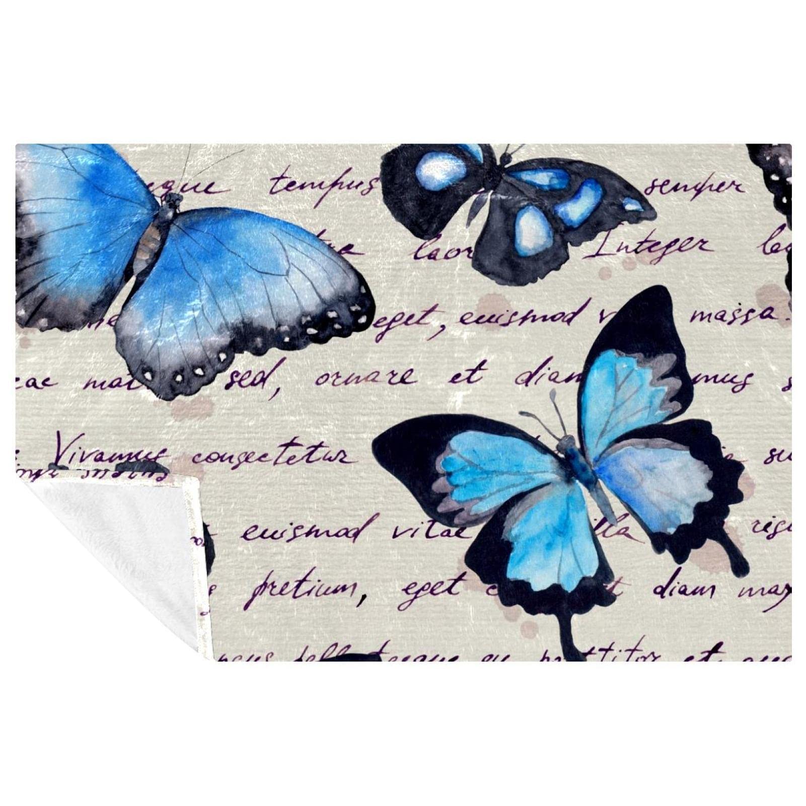 Couverture lit douce finitions soignées motif papillon bleu texturé