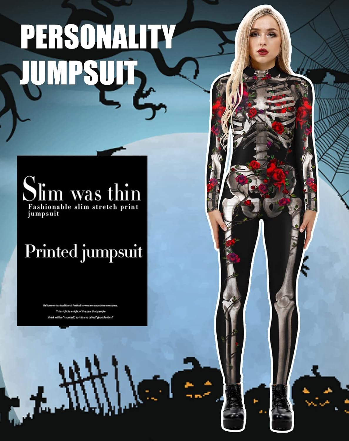 FEOYA Skeleton Jumpsuit for Women Halloween Costume Long Sleeve Skinny Catsuit 3D Print Skull Bodysuit Bone Cosplay Outfit - Image 5