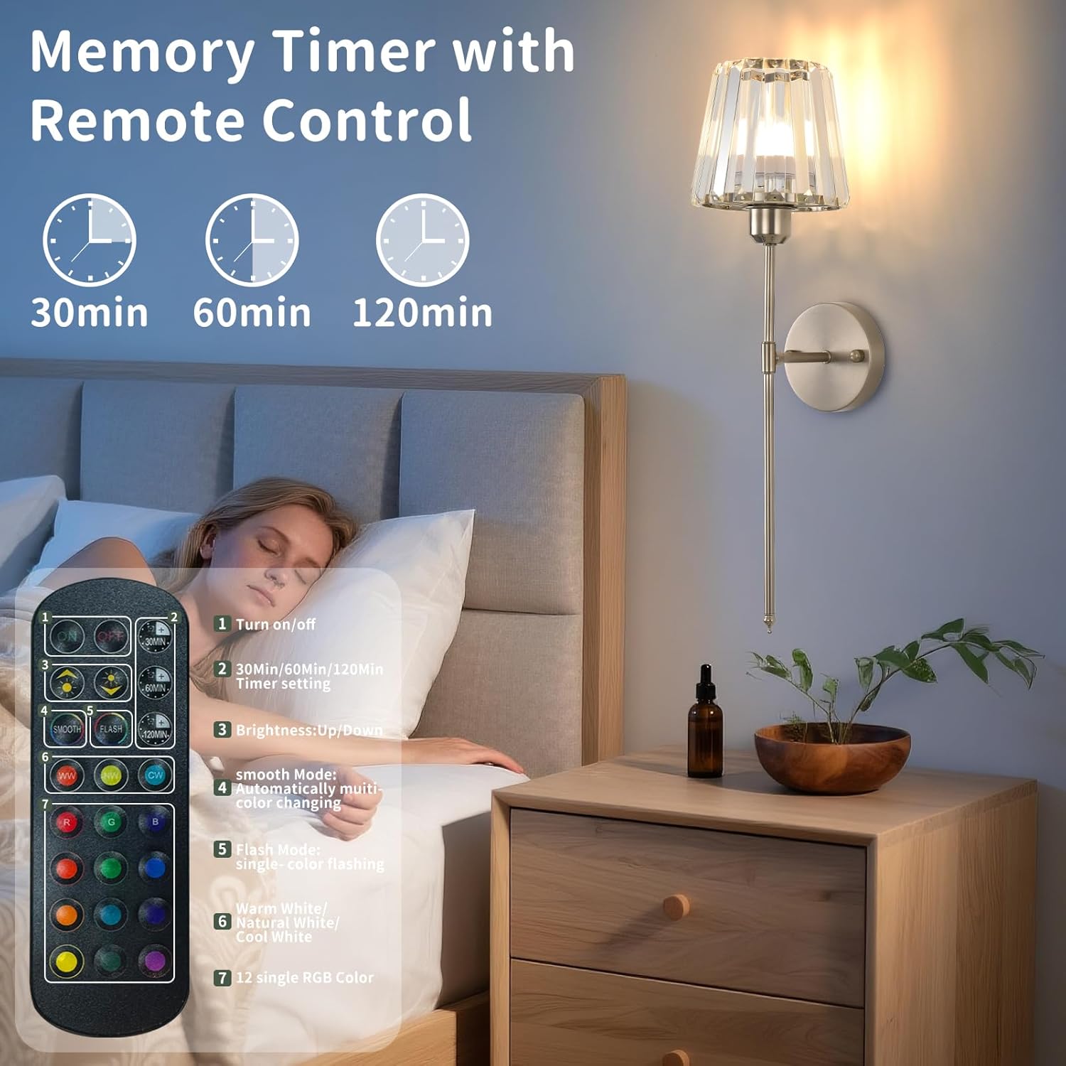 Battery Operated Crystal Wall Sconce Set of 2, Brushed Nickel Wireless Wall Light with Remote Control, LED Dimmable 15 Colors USB Rechargeable Light Bulbs Wall Lamp for Bedroom Living Room Hallway