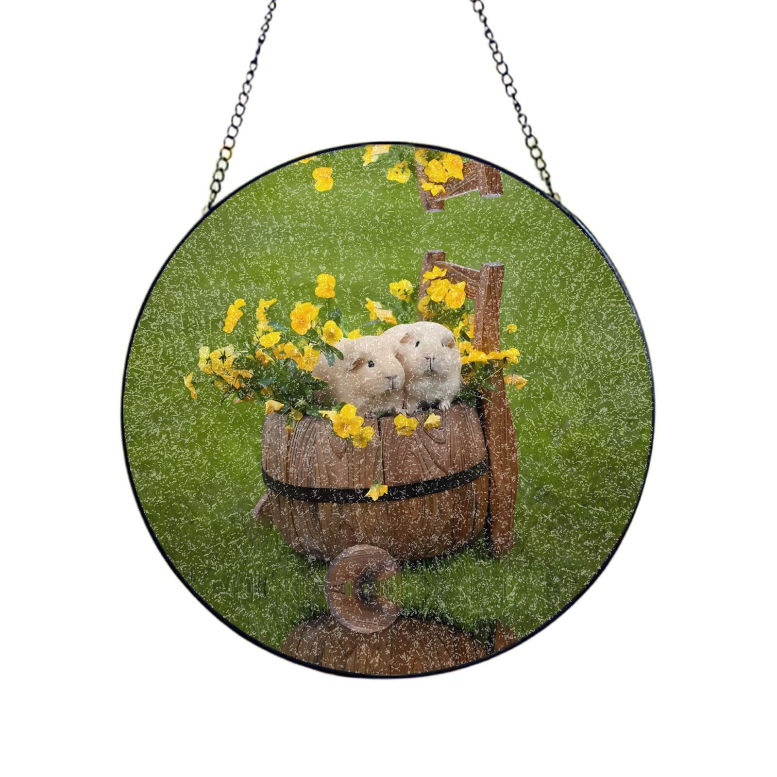 Phayah Guinea Pigs Print Glass Window Hanging Round Suncatcher Glass Ornament Garden Wall Fence Decorations Indoor Outdoor 12in（30cm）