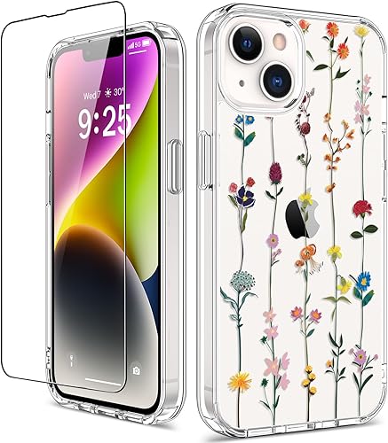 Miniatura 14 de GiiKa Funda rígida para iPhone 14 con protector de pantalla, 6.1 pulgadas, transparente, a prueba de golpes, diseño floral rosa, para niñas y Small