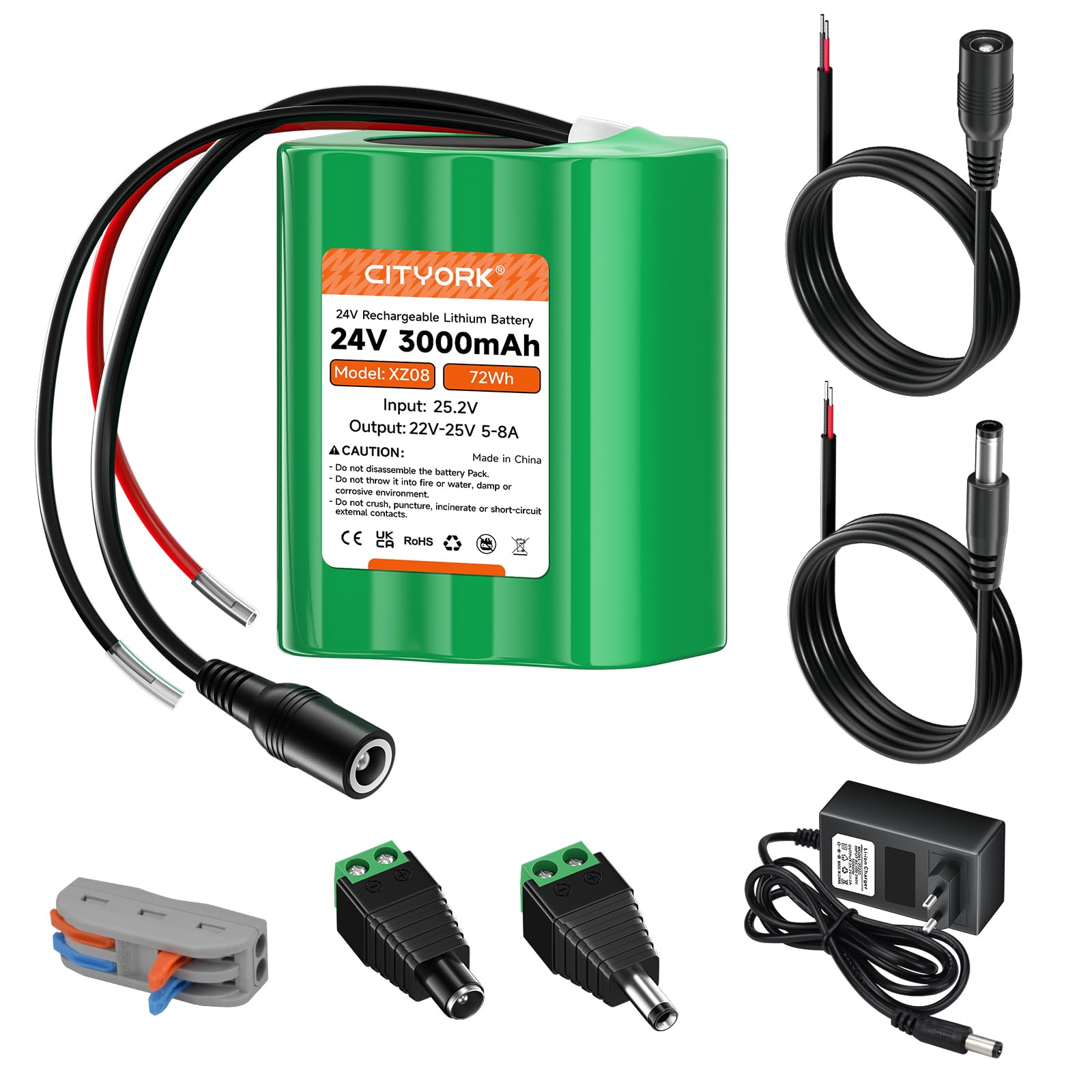 CITYORK Batterie lithium-ion rechargeable 24 V 3000 mAh pour projets de bricolage, bateau, caméra de vidéosurveillance, détecteur de poissons, barre lumineuse LED et plus encore
