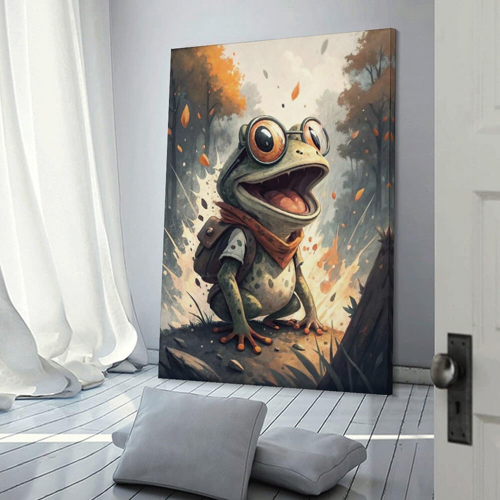 Junmoney Decorative Canvas Print Cartoon Frog with Backpack And Glasses, 20x30inch(50x75cm), for Home Office, Desk Area Or Studio, Home Office Artwork with Decorative Appeal