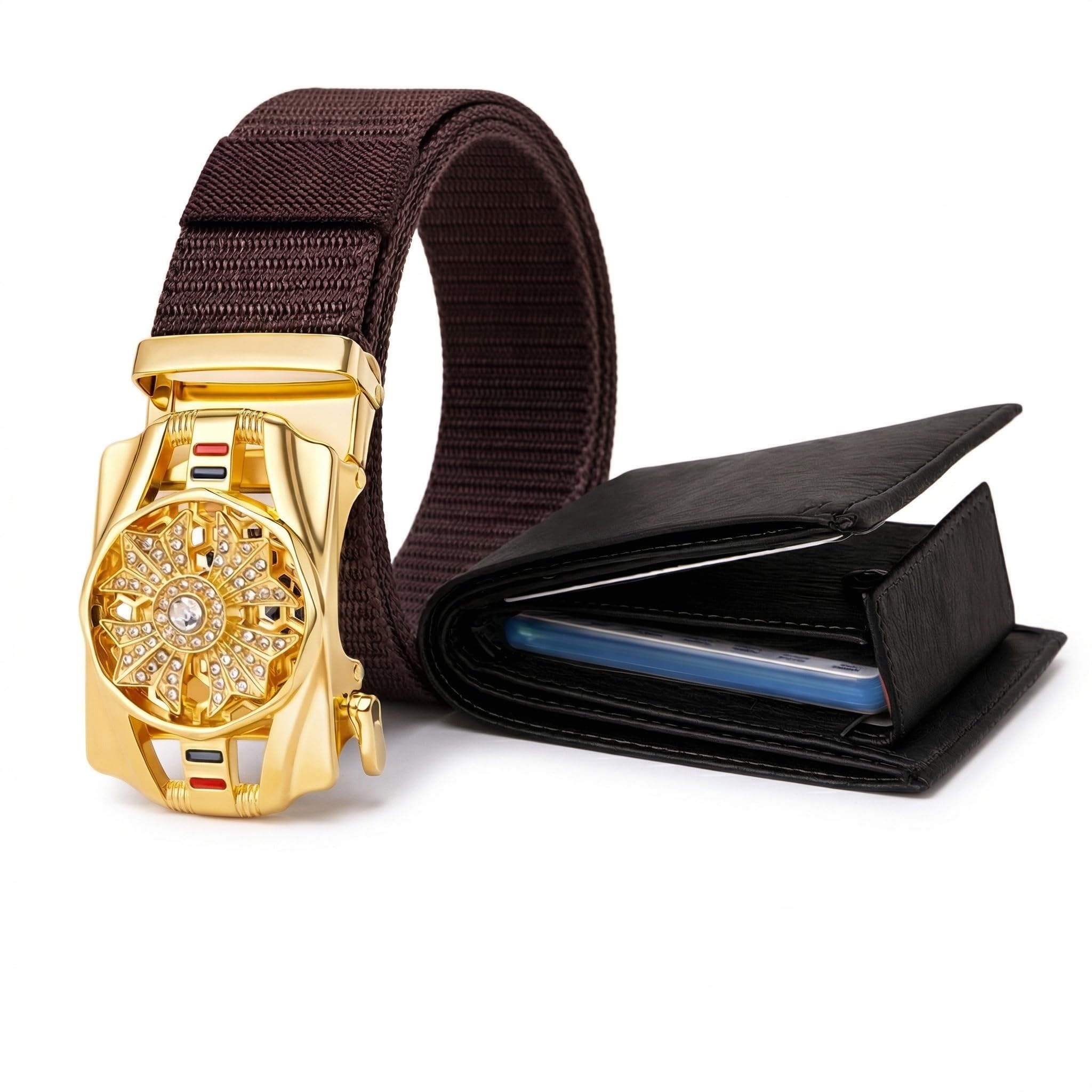 Men Black Artificial Leather Belt with Gold Floral Auto Buckle and Tan Wallet Set-image-42