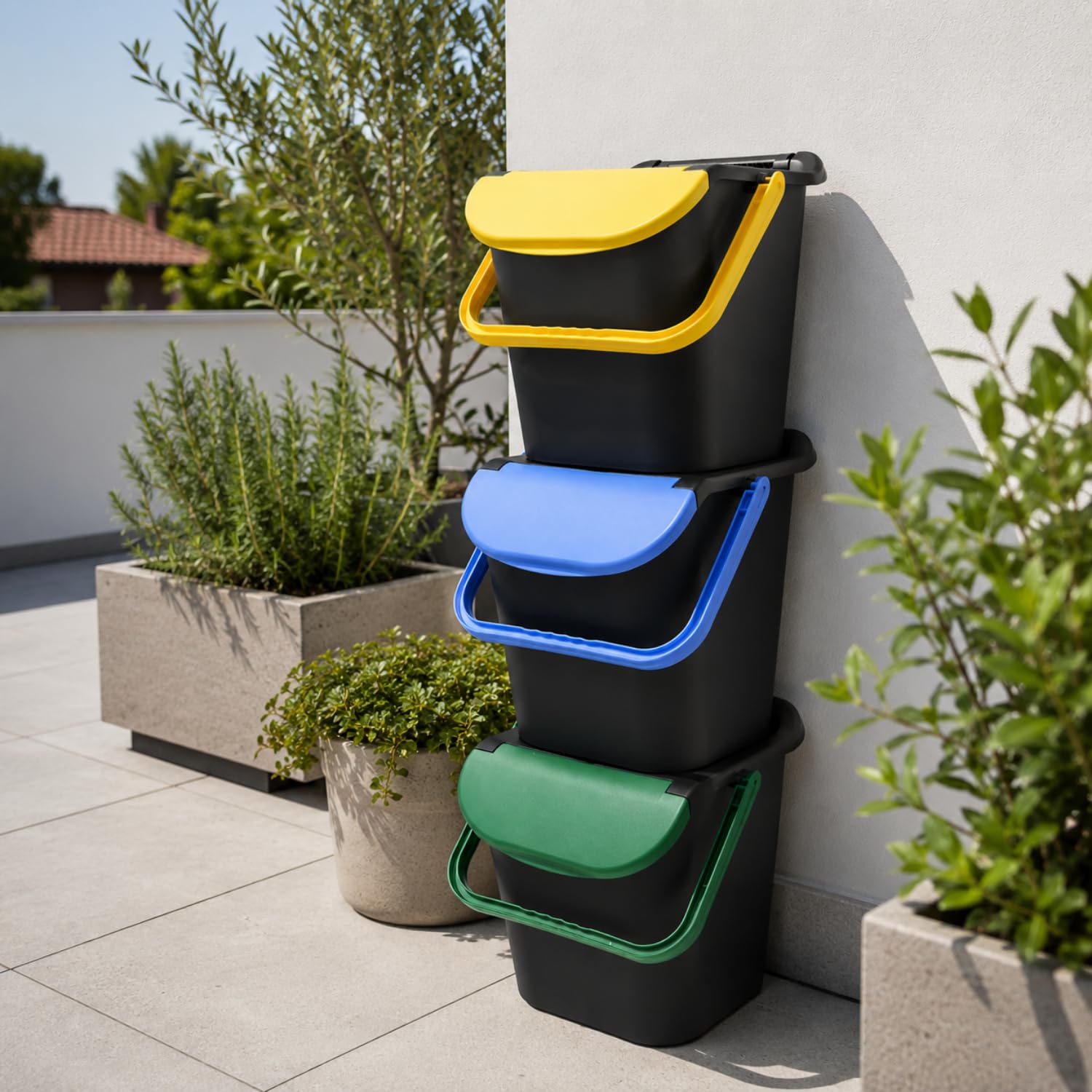 PALUPLUS Set 3 Pattumiere a Torre per Raccolta Differenziata, misura 40x40x44 cm, Capacità 30 Litri, Bidoncini Spazzatura Salvaspazio Impilabili, 2 Maniglie, Colori Giallo, Verde e Azzurro -1587F
