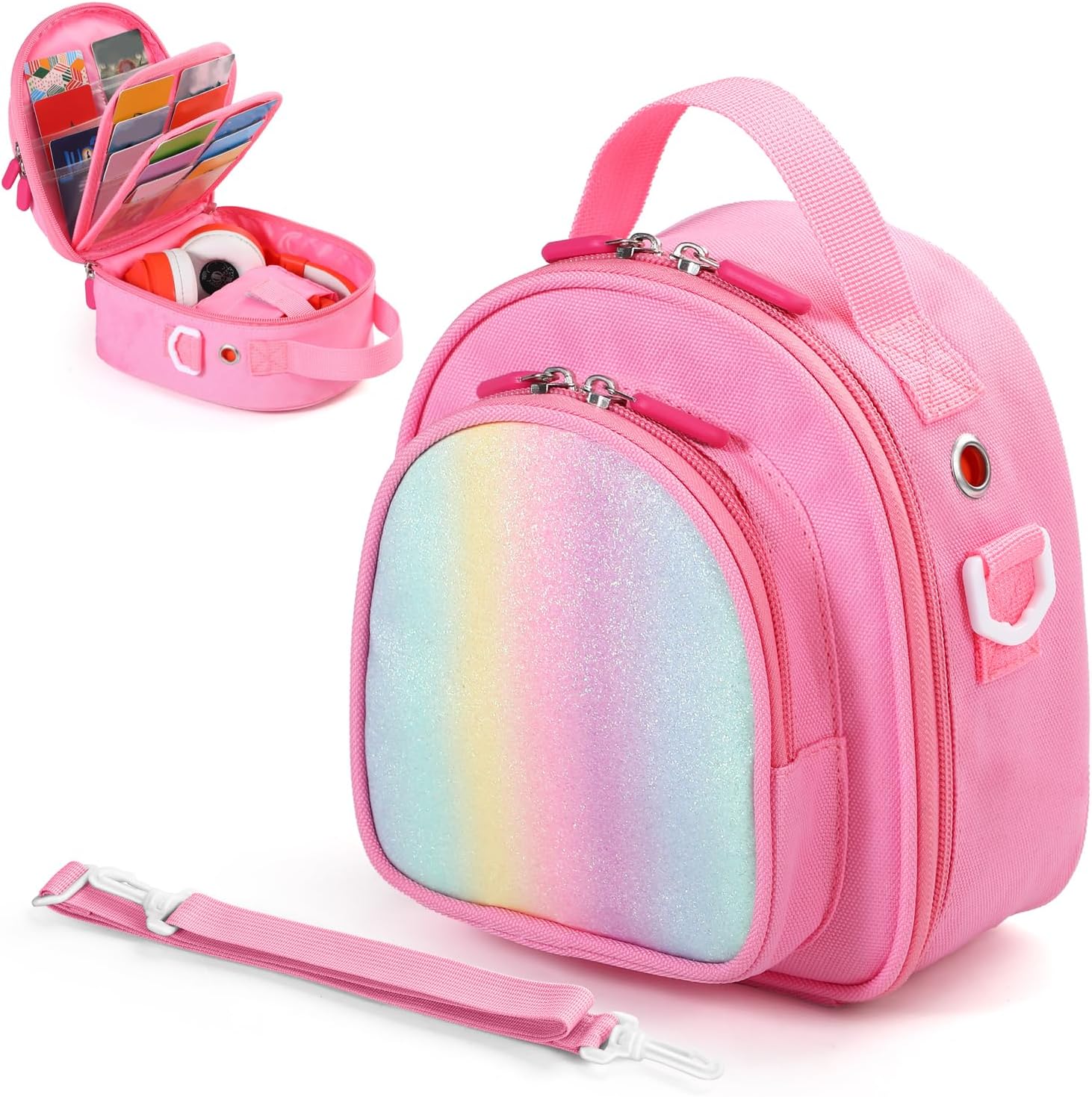 Carrying Case Compatible with Yoto Mini (2024 Edition),30 Cards Storage Bag with Handle and Shoulder Strap, Travel Storage box for Player & Headphone Accessories (Pink)