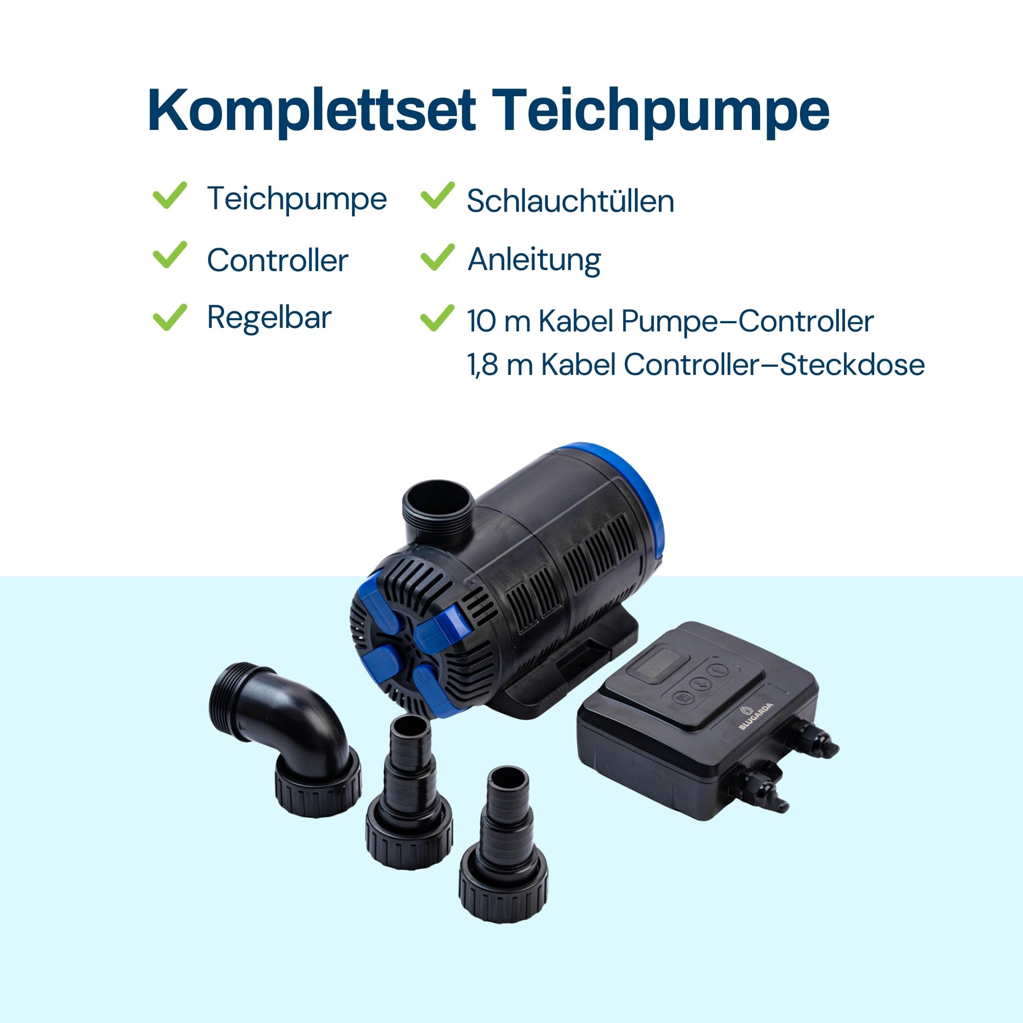 BluFlow 15.000 - Regelbare Teichpumpe - 7.500-15.000 Liter/Stunde, 37-180 Watt - Filterpumpe & Bachlaufpumpe - Ideal für Gartenteich, Fischteich, Springbrunnen & Wasserfall