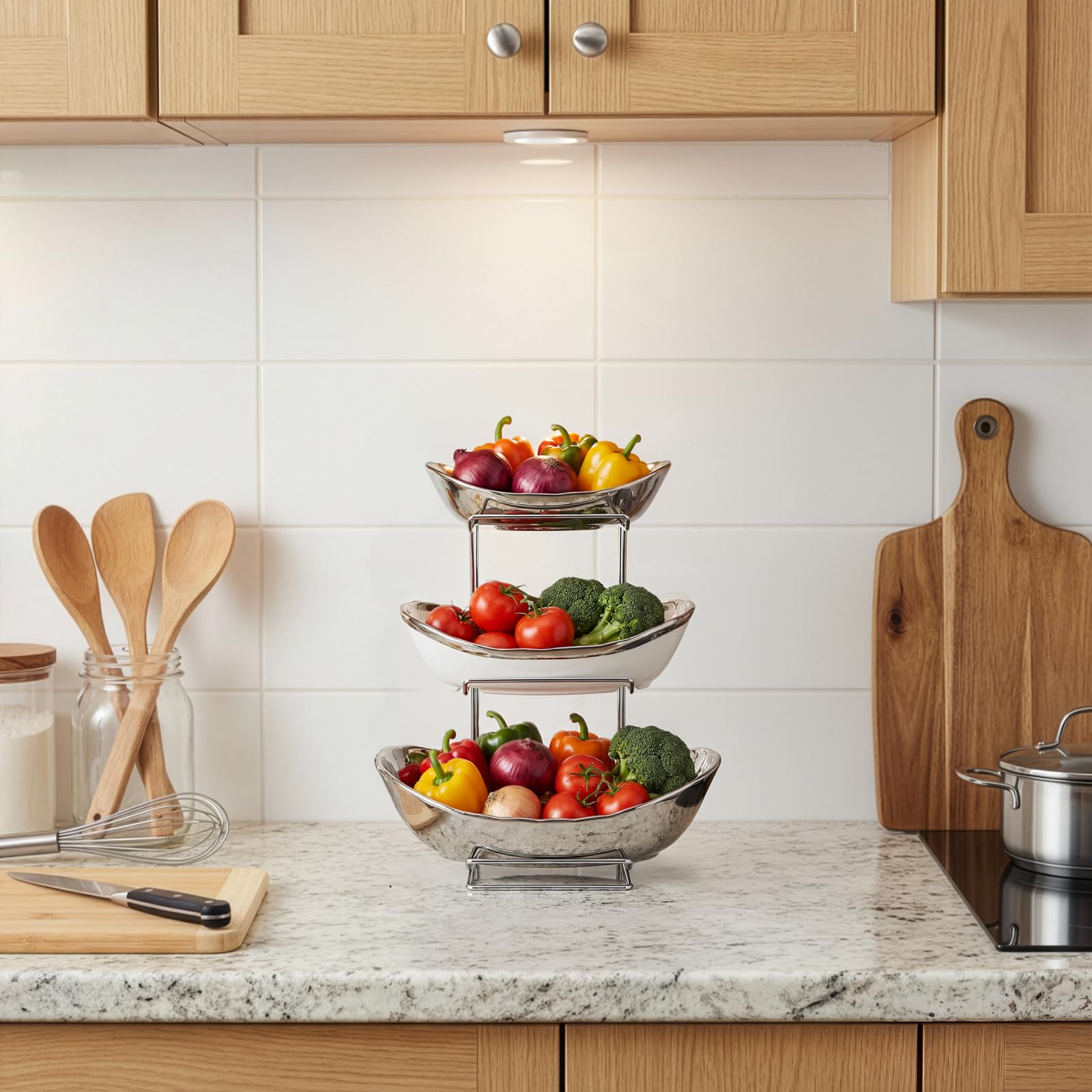 Goaste Corbeille à fruits ovale à 3 niveaux en céramique avec support en métal - Bols de cuisine en porcelaine pour le stockage des fruits, des légumes, des collations, des noix, des desserts