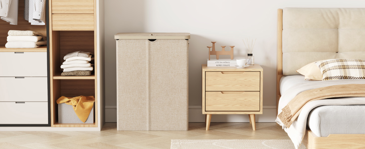 Cesto Portabiancheria 120L Con Coperchio - 2 Scomparti E Sacchi Rimovibili | In Tessuto E Bambù - Foto 4