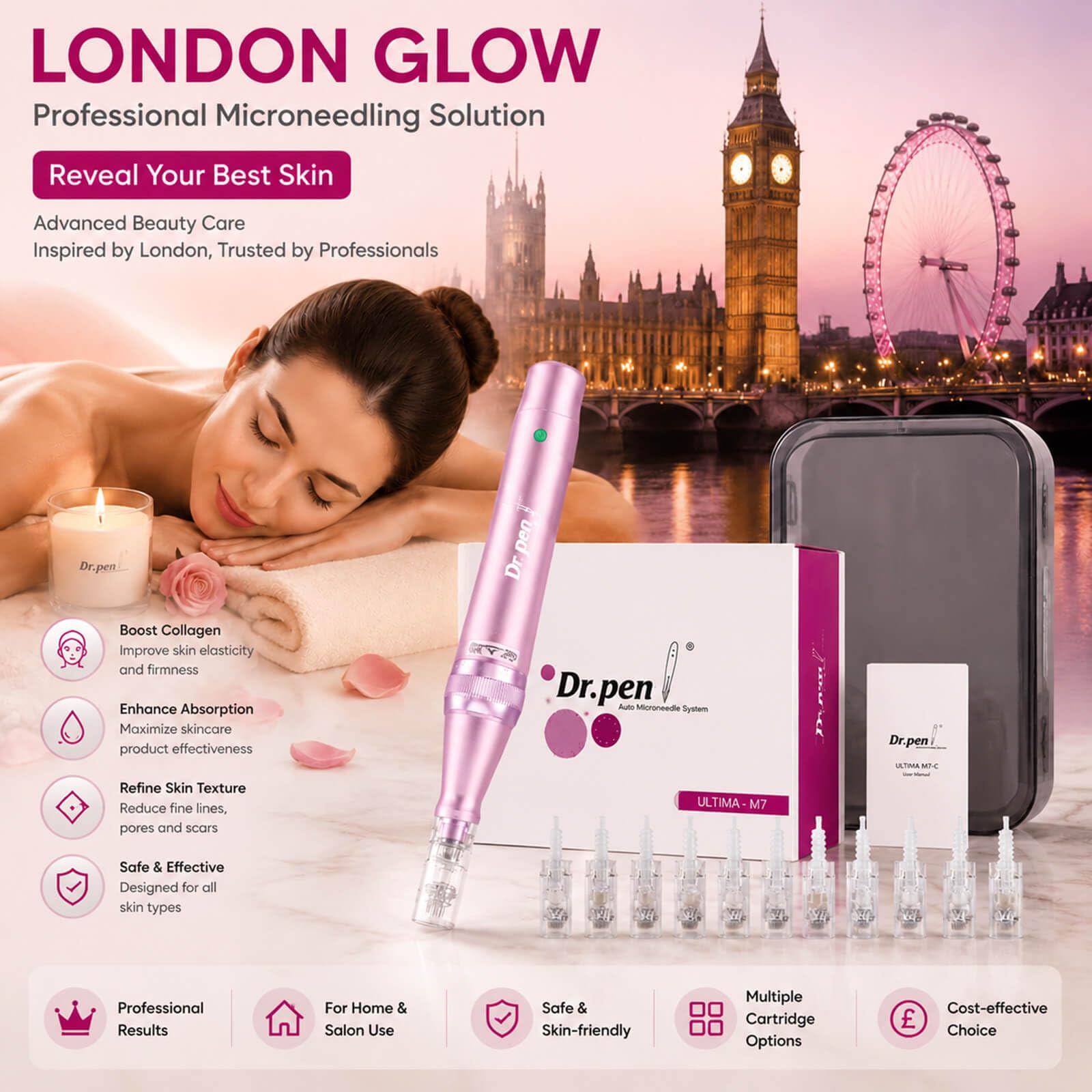 Dr. Pen M7 Beauty Pen Kit de soins de la peau rechargeable sans fil avec 28 cartouches (12 × 12 broches, 10 × 36 broches, 6 × NanoR), contrôle LED à 5 vitesses, corps en aluminium rose pour une peau
