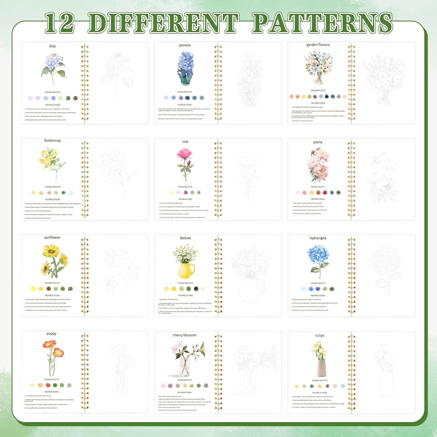 Watercolor Workbook，36 Colors Water Coloring Book Paint Set for Adults,12 Different Patterns of Original DIY Designs, Beginner-Friendly Watercolor Workbooks with Palette and Brush (Flower)
