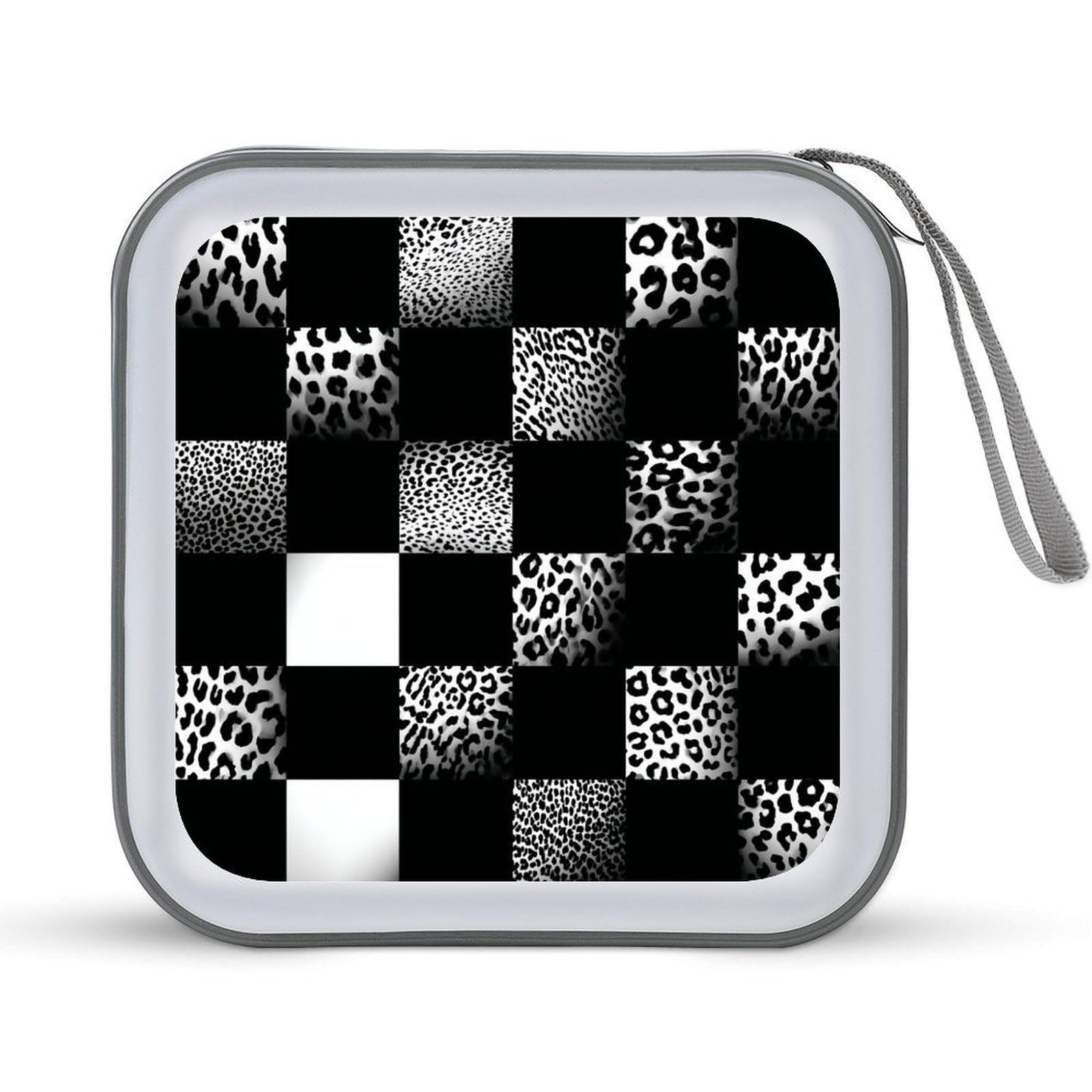 Jubonexis Black And White Checkered with Leopard Spots CD Case DVD Storage Case Portable for Car Home Travel
