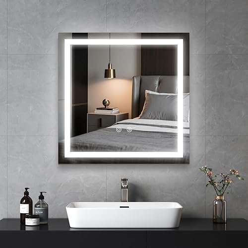 LED Lighted Bathroom Mirror with Anti-Fog, Square Wall Mounted Vanity