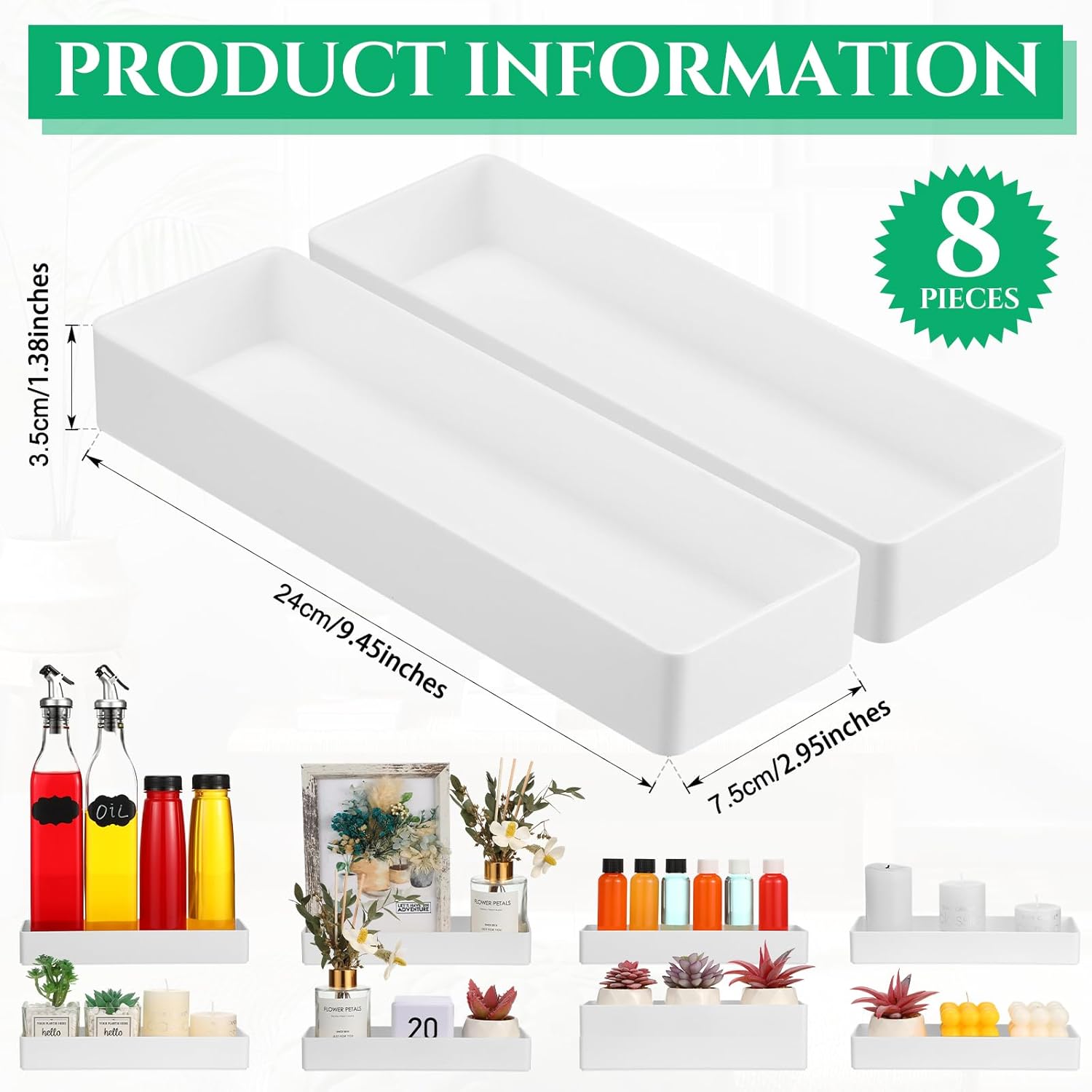 Teling 8 Pcs Plastic Desk Drawer Organizer Rectangular 9.45 x 2.95 x 1.38'' Half Accessory Letter Tray Paper Stationery Tray Stackable for File Desktop Vanity Organizer Office Supplies, White