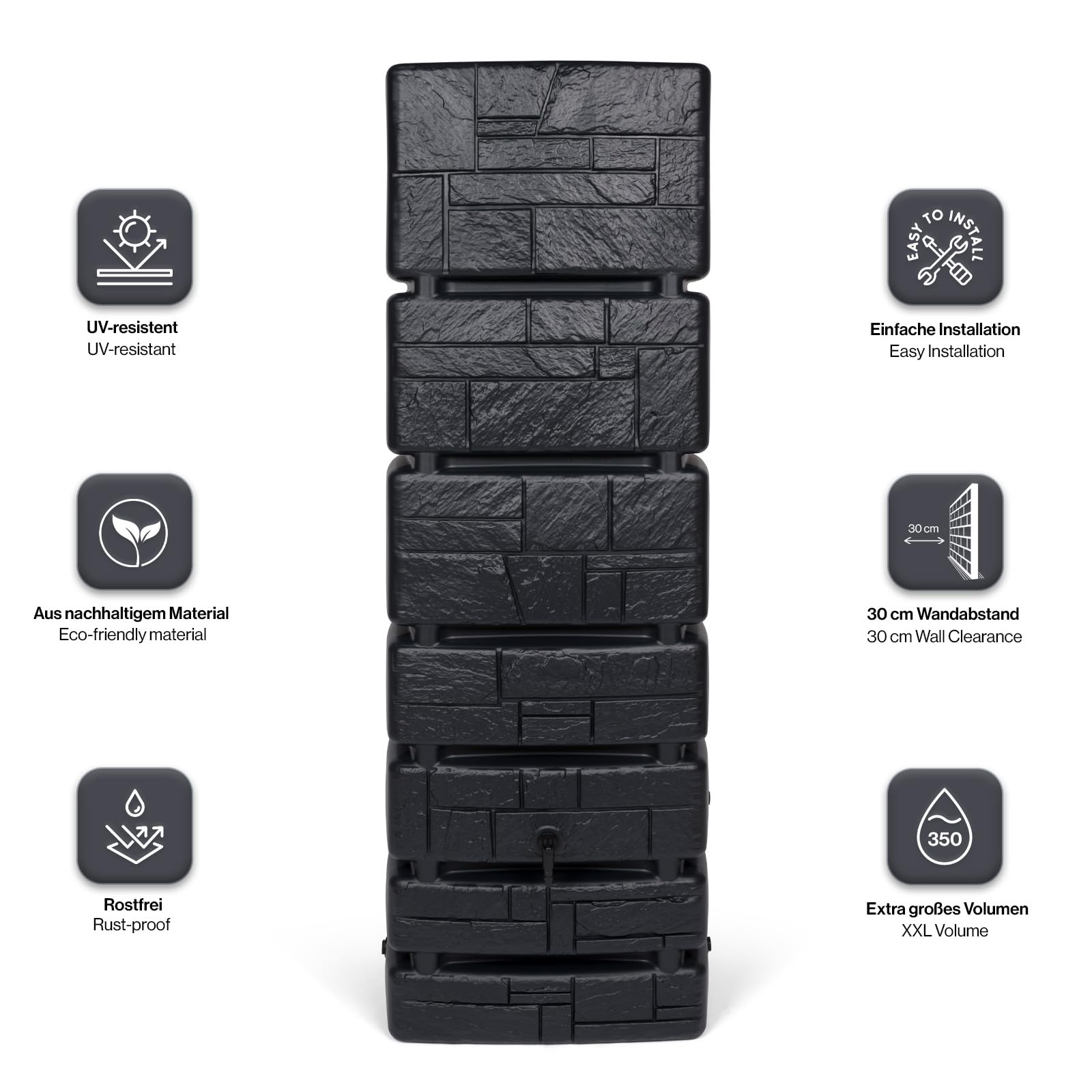 Kreher Wassertonne XXL Tower Stone mit Wasserhahn (Anthrazit) | Regentonne in Stein-Optik, 350 L, Maße 57,5 x 38,4 x 180 cm, zur Gartenbewässerung