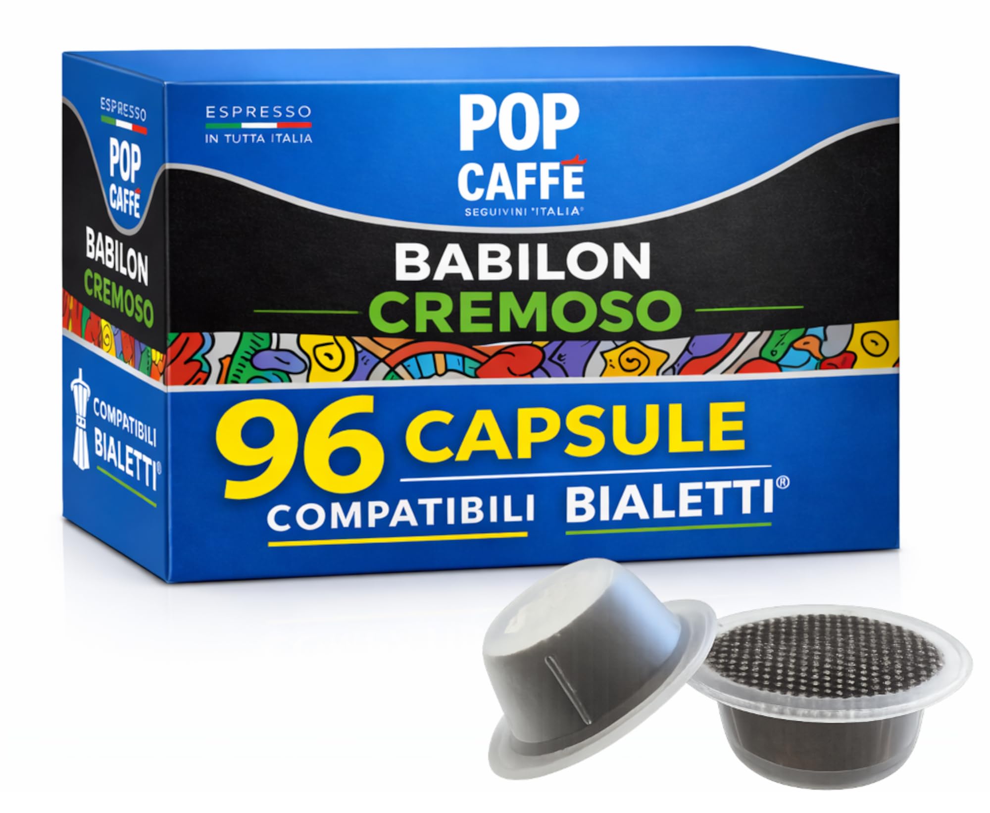 POP CAFFÈ 96 Capsule Compatibili Bialetti – Miscela Cremoso Intenso e Vellutato – Crema Densa e Persistente – Compatibili con Macchine Bialetti di Ultima Generazione