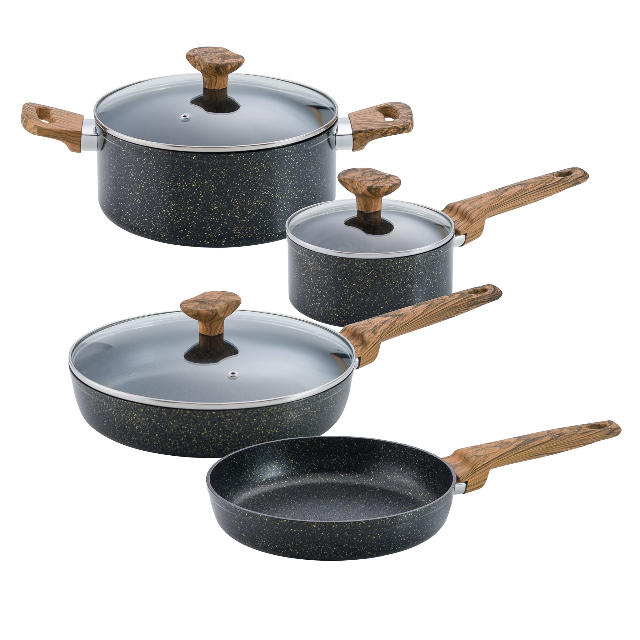 Insiya 7-Piece Premium Forged Straight cookware Set, Pans and Pots Set with Glass Lids,Dishwasher Safe and Induction Bottom, Black, SV54