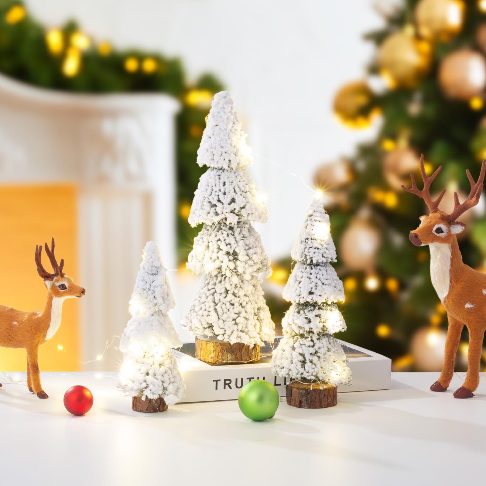 Small Snow Christmas Tree with Lights, Mini Christmas Tree Table Top Decorations, Desktop Miniature Pine Tree Xmas Holiday Decor, 3 Pcs White Christmas Decorations Indoor