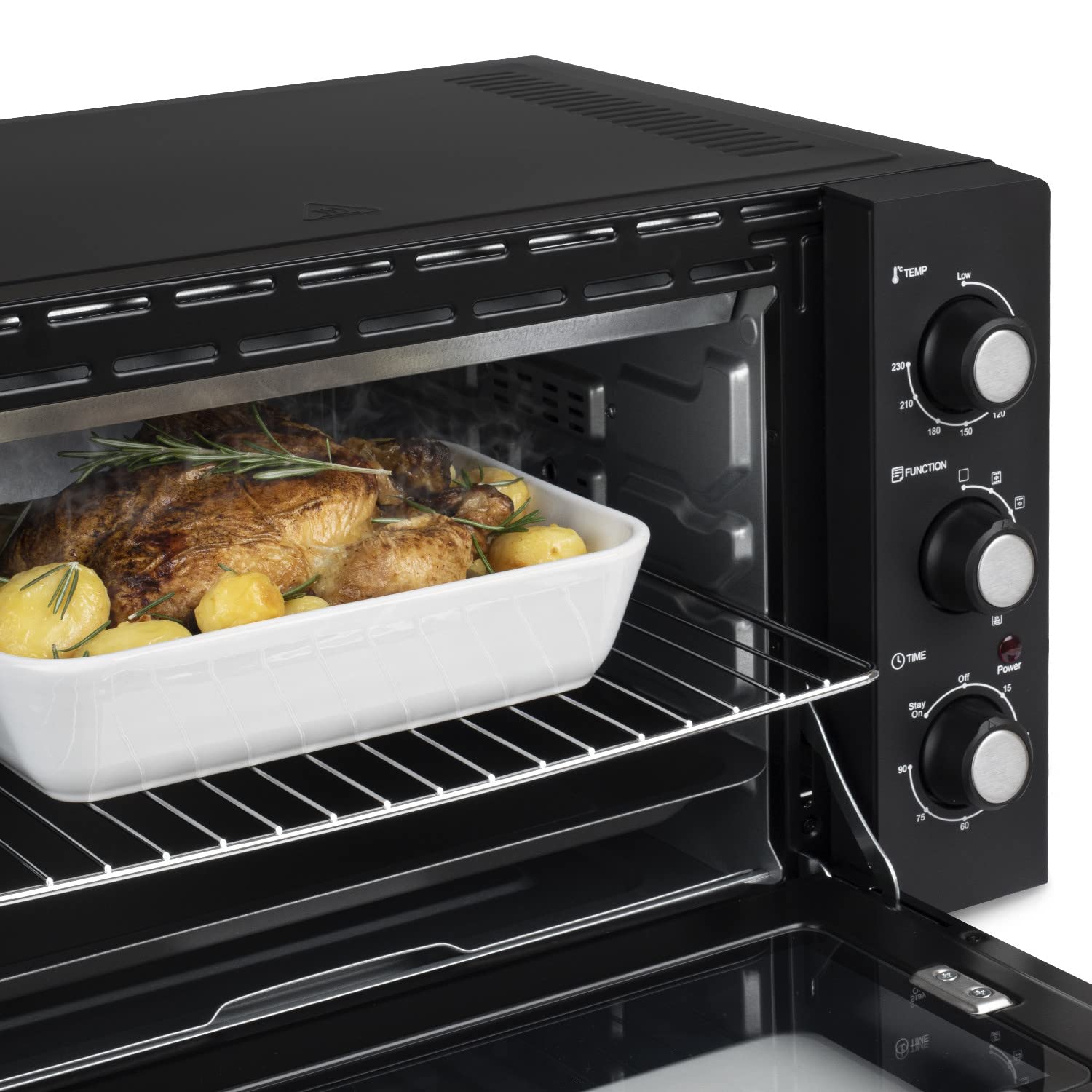 H.Koenig Mini Four Compact FO42, Capacité 42L, Température jusqu'à 230°C, 5 Modes de Cuisson, Minuteur jusqu'à 90 min, Chaleur Tournante/Rôtisserie, avec pince, ramasse-miette et tournebroche, 2000W