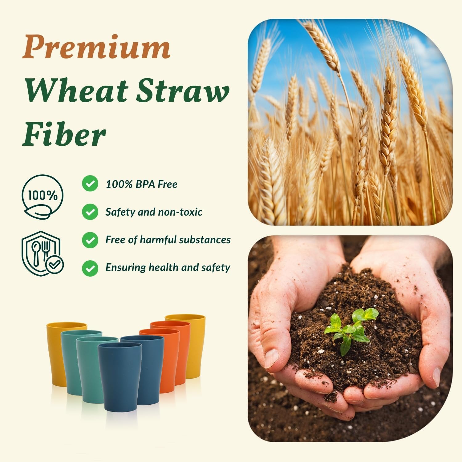 Homienly Stackable Drinking Glasses Set Wheat Straw Shatterproof Cups | Unbreakable Kitchen Cups for Kids & Adults | Reusable, Dishwasher Safe for Party, Outdoor (8 oz, Small) image 4
