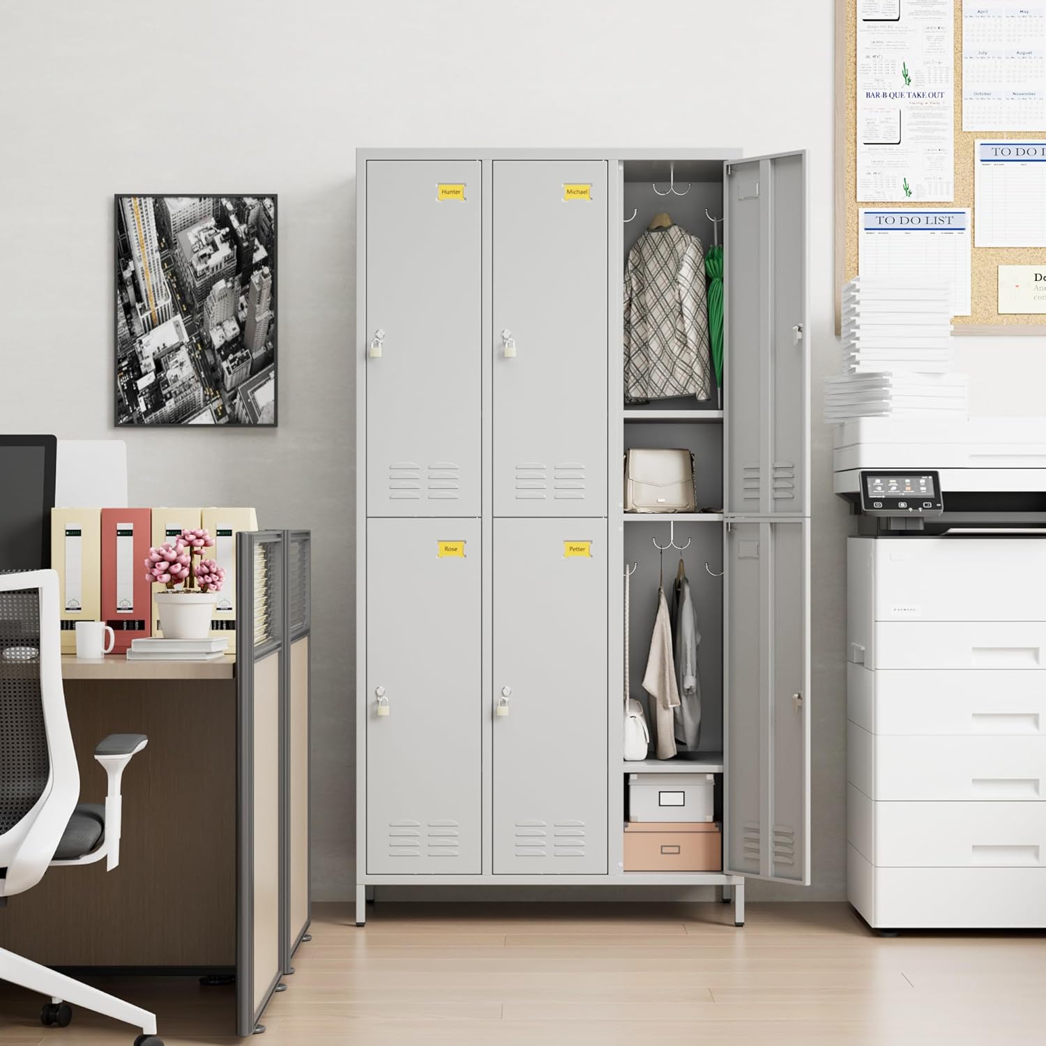 SUPEER Metal Lockers with 6 Doors and Business Card Holder,Metal Lockers for Employees with 18 Hooks for School Garage Gym Home,Assembly Required,Light Grey