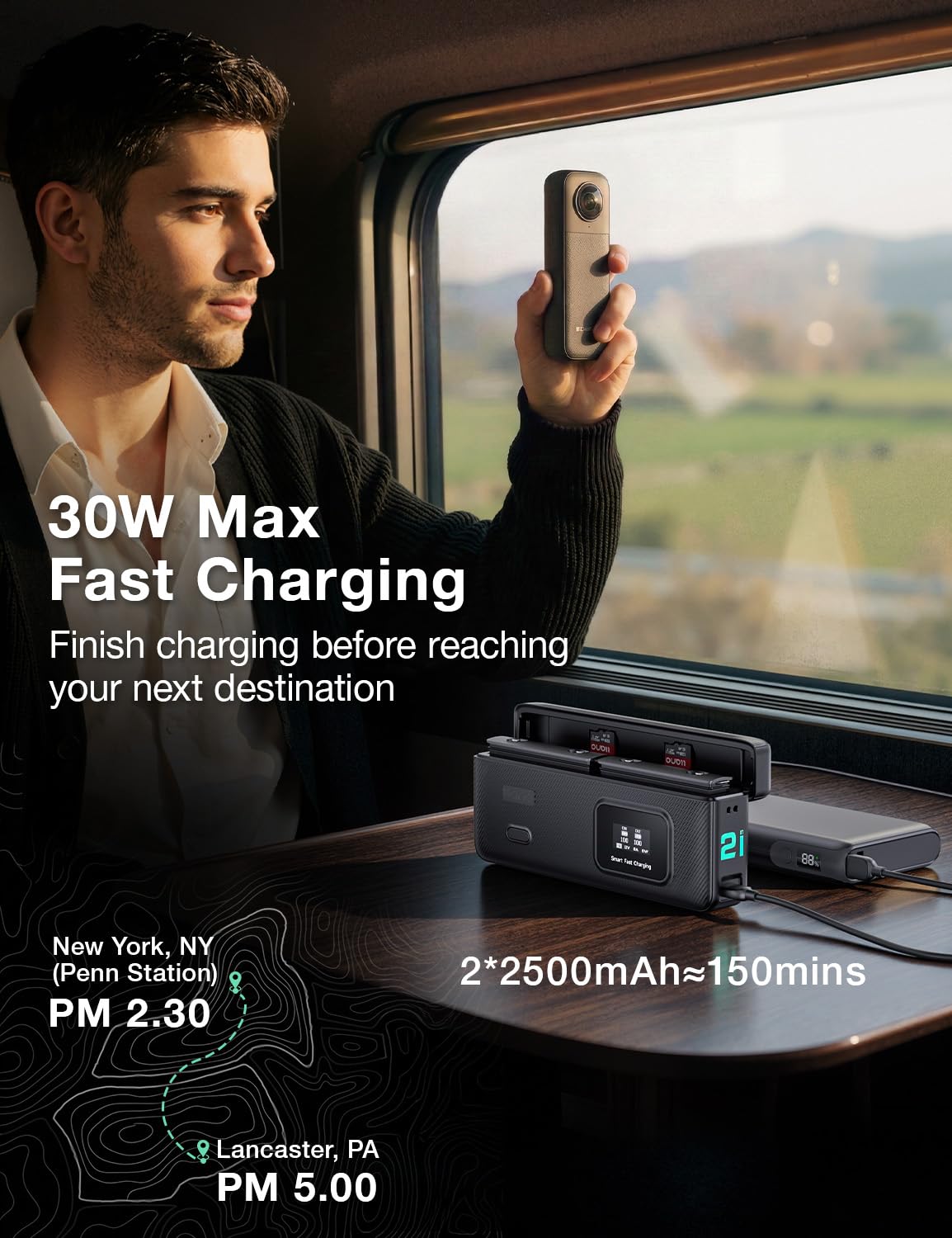 llano AC2 30W Schnellladegerät-Hub für Kamera-Akkus mit einem 2er-Pack 2500mAh X5 Ersatzakkus for Insta360 X5 Action-Kamera, DREI-Slot PD-Ladung, LED-Anzeige