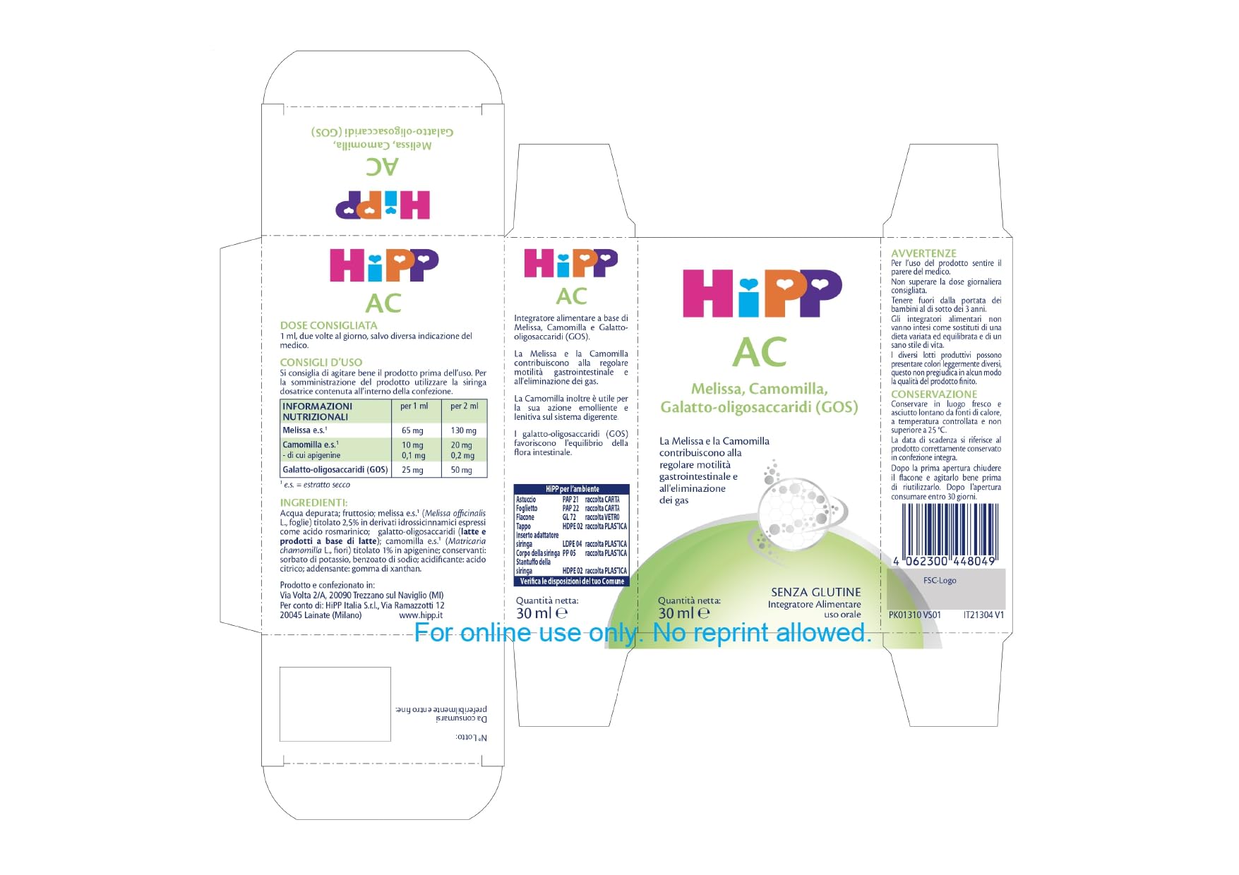 HiPP- HiPP AC, Integratore Alimentare, Eliminazione dei Gas Intestinali, Melissa, Camomilla, Galatto-oligosaccaridi (GOS), Regolare Motilità Gastrointestinale, Bambini, Flacone 30 ml, Senza Glutine
