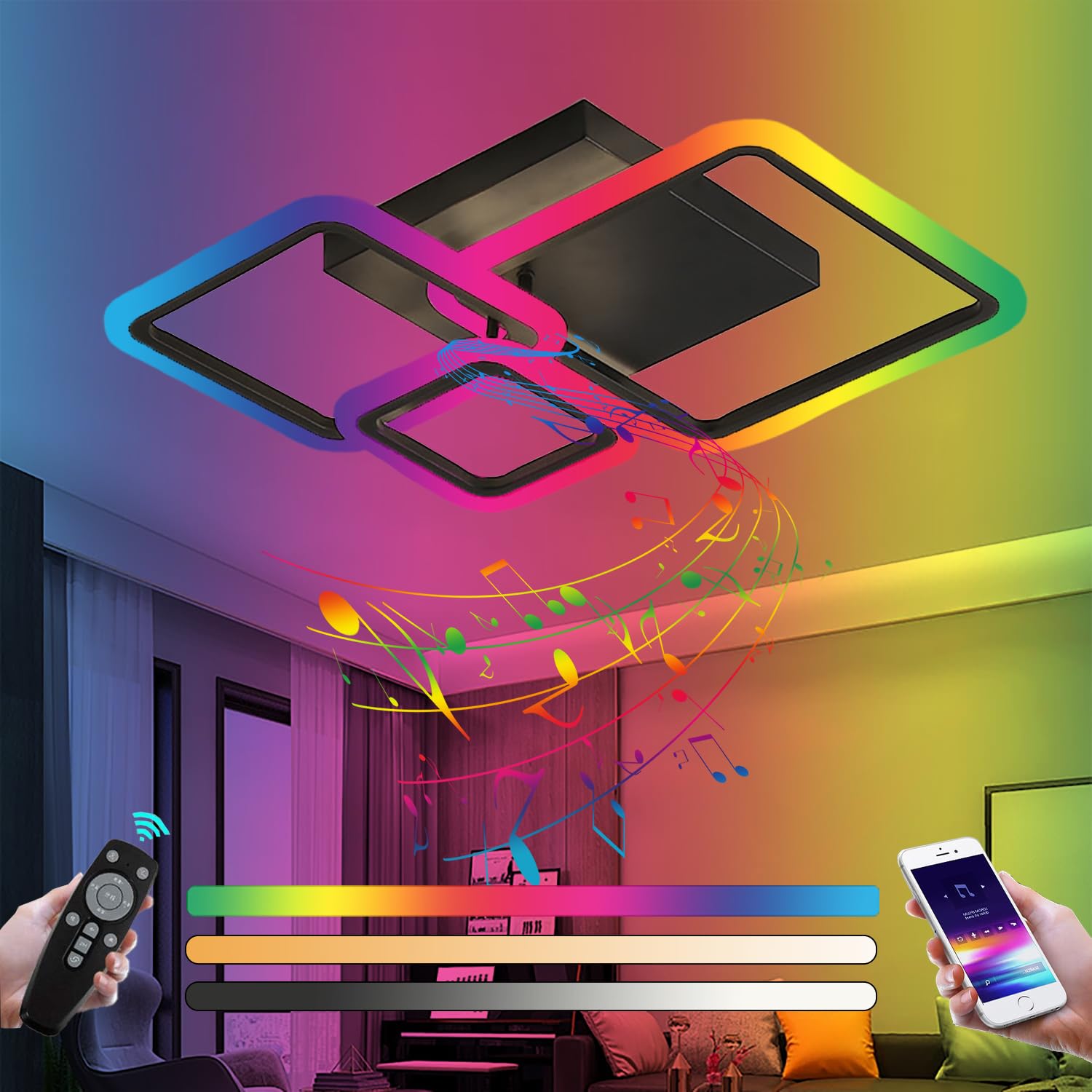 BLNAN Plafoniera LED RGB Dimmerabile 24W Con Telecomando - 2400lm, Temperatura Colore Regolabile 3000K-6500K - Quadrata Per Soggiorno E Camera