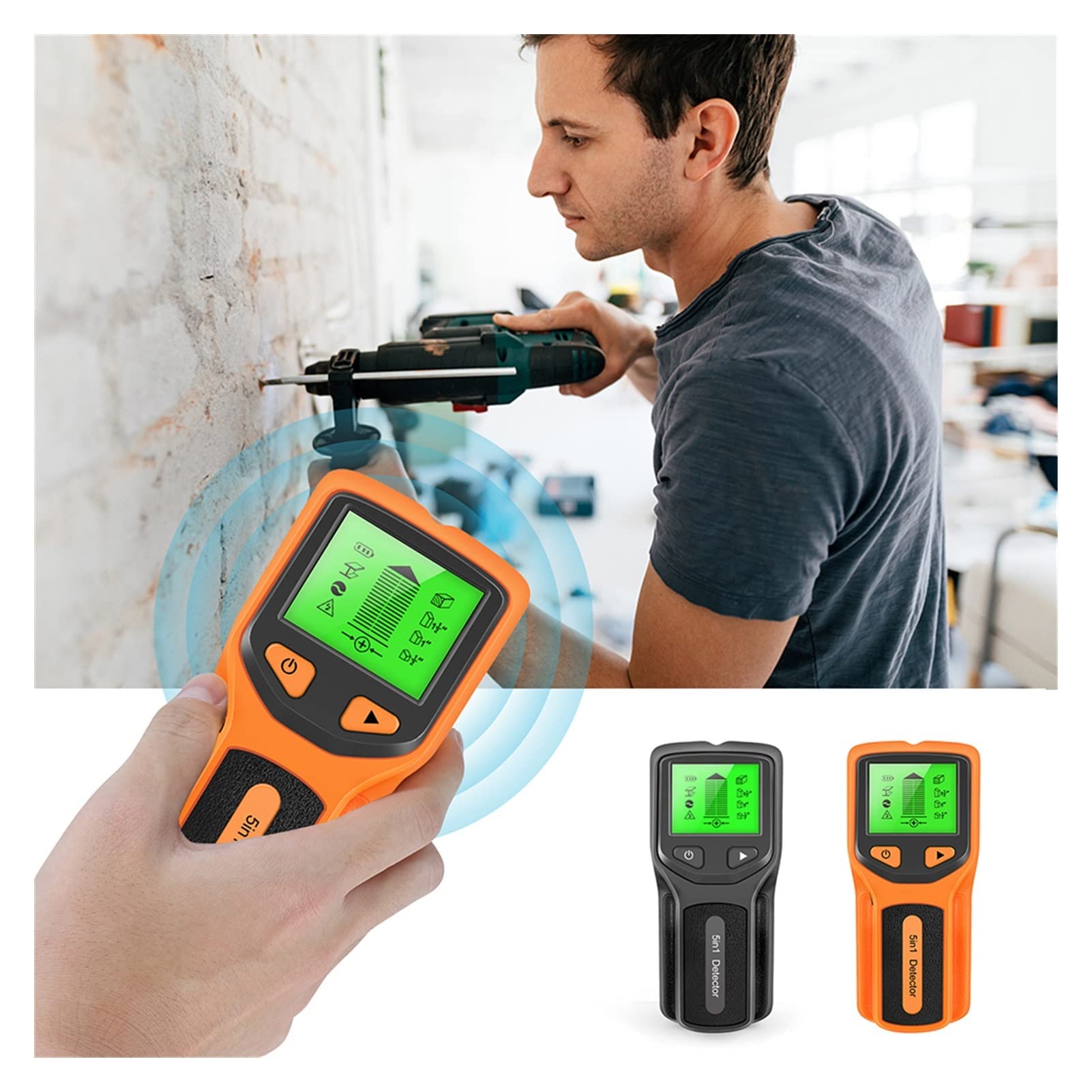 Wykrywacz Metalu, 5 w 1 metali detektor Znajdź metalowe drewniane kołki AC. Napięcie na żywo Wykrywanie ścienne Skaner elektryczny Box Finder Wall Stud Detector(Yellow)