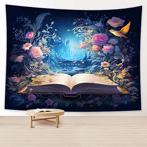 Tapiz de fantasía, tapiz de libro mágico, tapiz de lectura, tapiz de libro floral de arte para dormitorio, sala de estar, dormitorio (60 x 50
