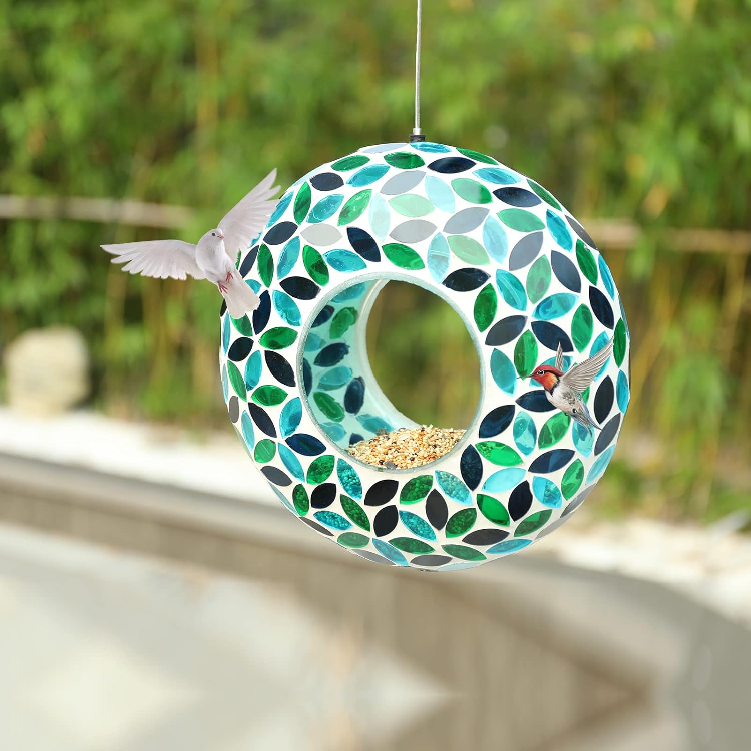 VCUTEKA Bird Feeder Mosaic Fly Through Bird Feeders for Outside Hanging with Round Shape Glass Container to Attract More Wild Birds for Garden, Yard, Backyard, Deck and Porch Decor, Green 10-Inch