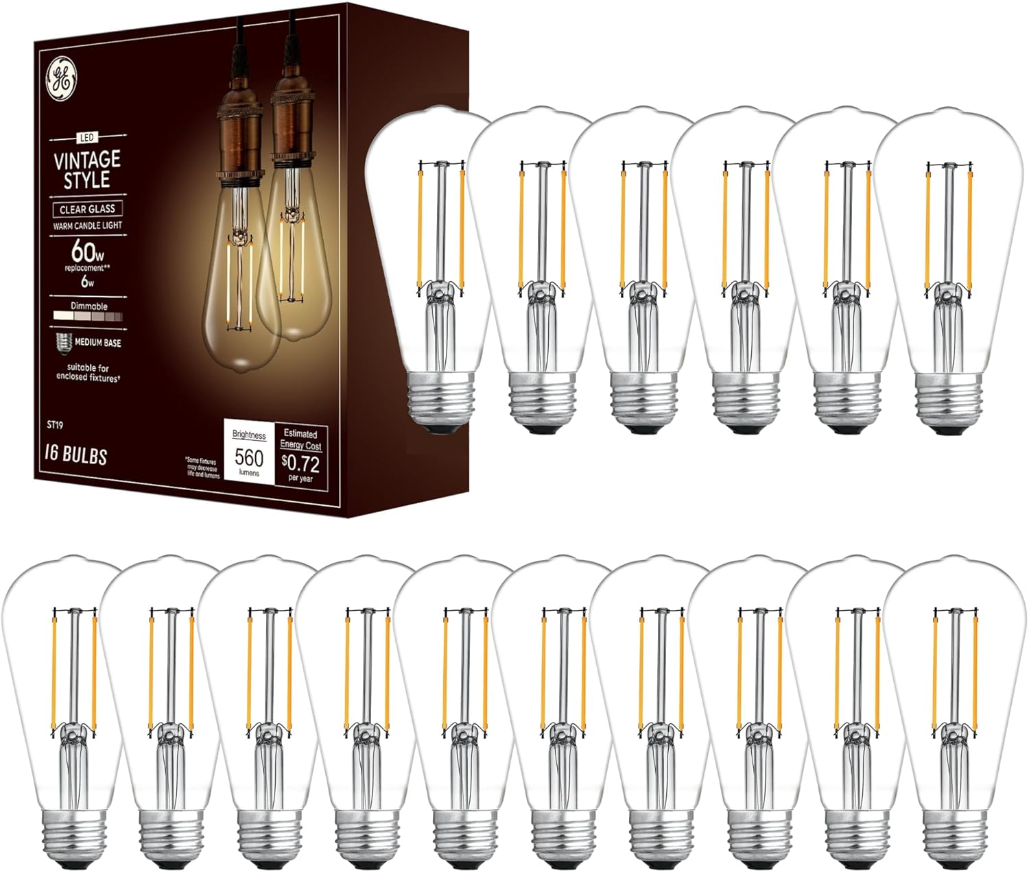 GE Vintage Style LED Light Bulbs, ST19 Edison Style Amber Glass Warm Candle Light, Energy Efficient and Dimmable LED Bulbs, 60-Watt Replacement, 15,000 Hours Lifespan, 8 Pack