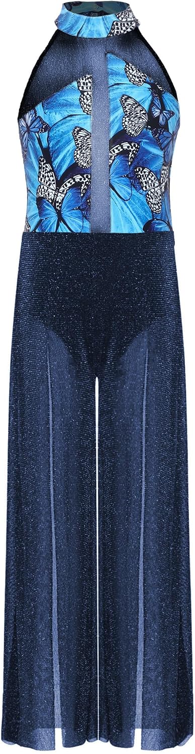 YiZYiF Kids Lyrical Jumpsuit Dance Competition Outfit Mock Neck Stage Performance Dancewear for Gymnastics