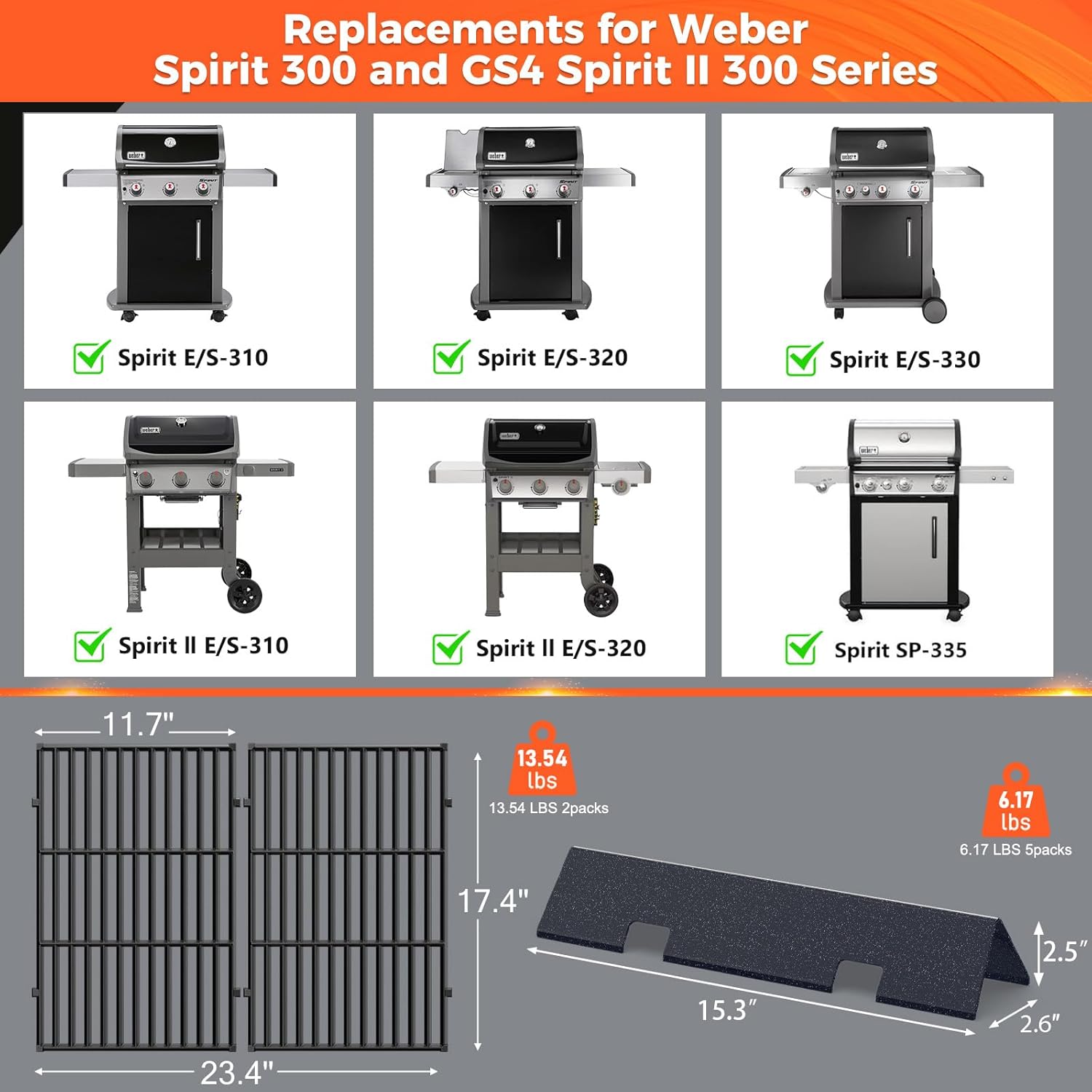 QuliMetal Grill Parts Replacement 7636/67046 Flavorizer Bars 7639/7638 Grill Grate for Weber Spirit/Spirit II 300 Series & GS4,Spirit E/S-310 320,Spirit II E/S 310 Gas Grills with Front Mount Control