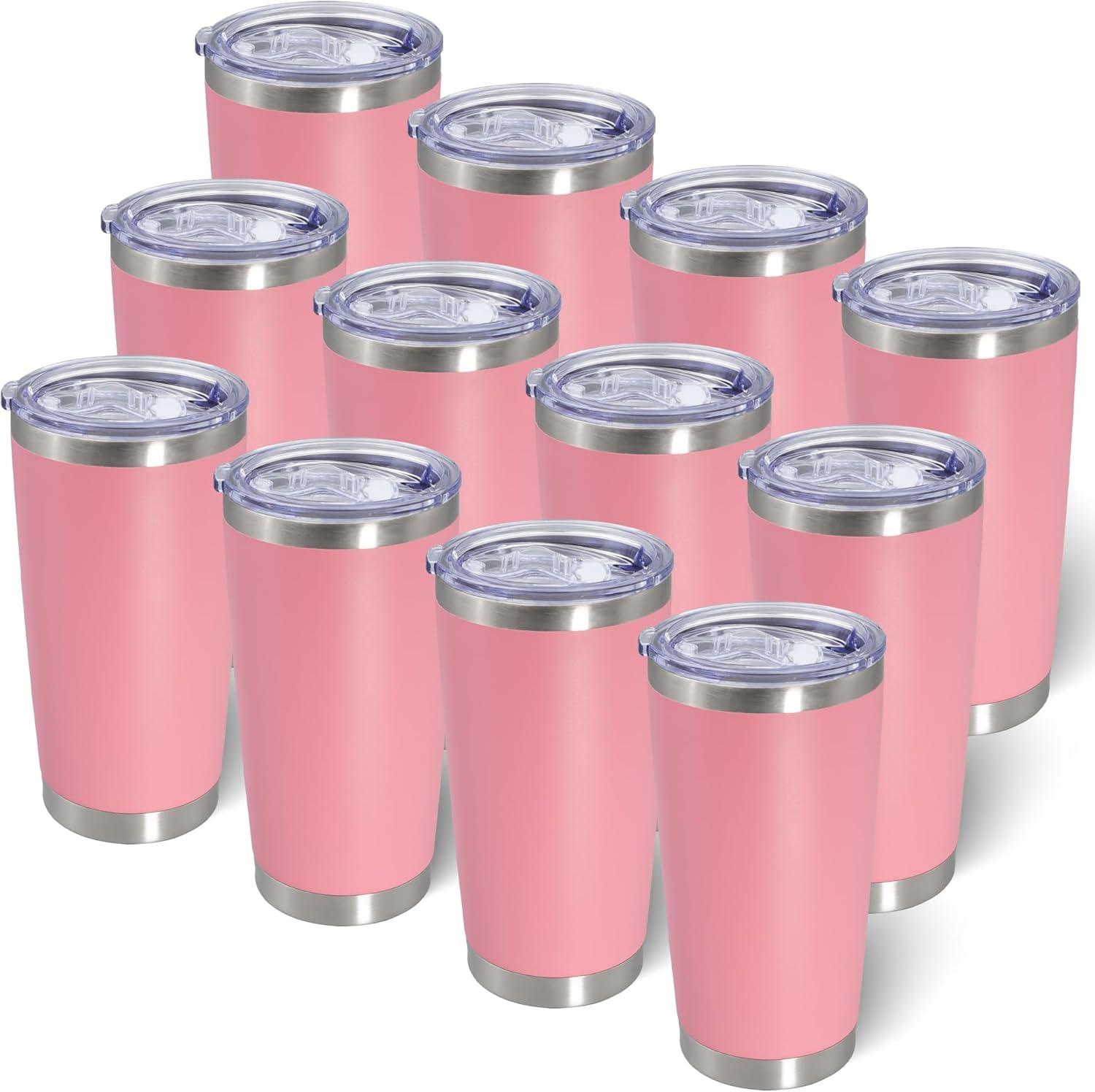 AIANJI 20oz Tumbler Bulk Stainless Steel Tumblers with Lid Vacuum Insulated Double Wall Travel Coffee Mug Powder Coated Tumbler Cup for Hot and Cold Drinks(Pink, 12 pack)