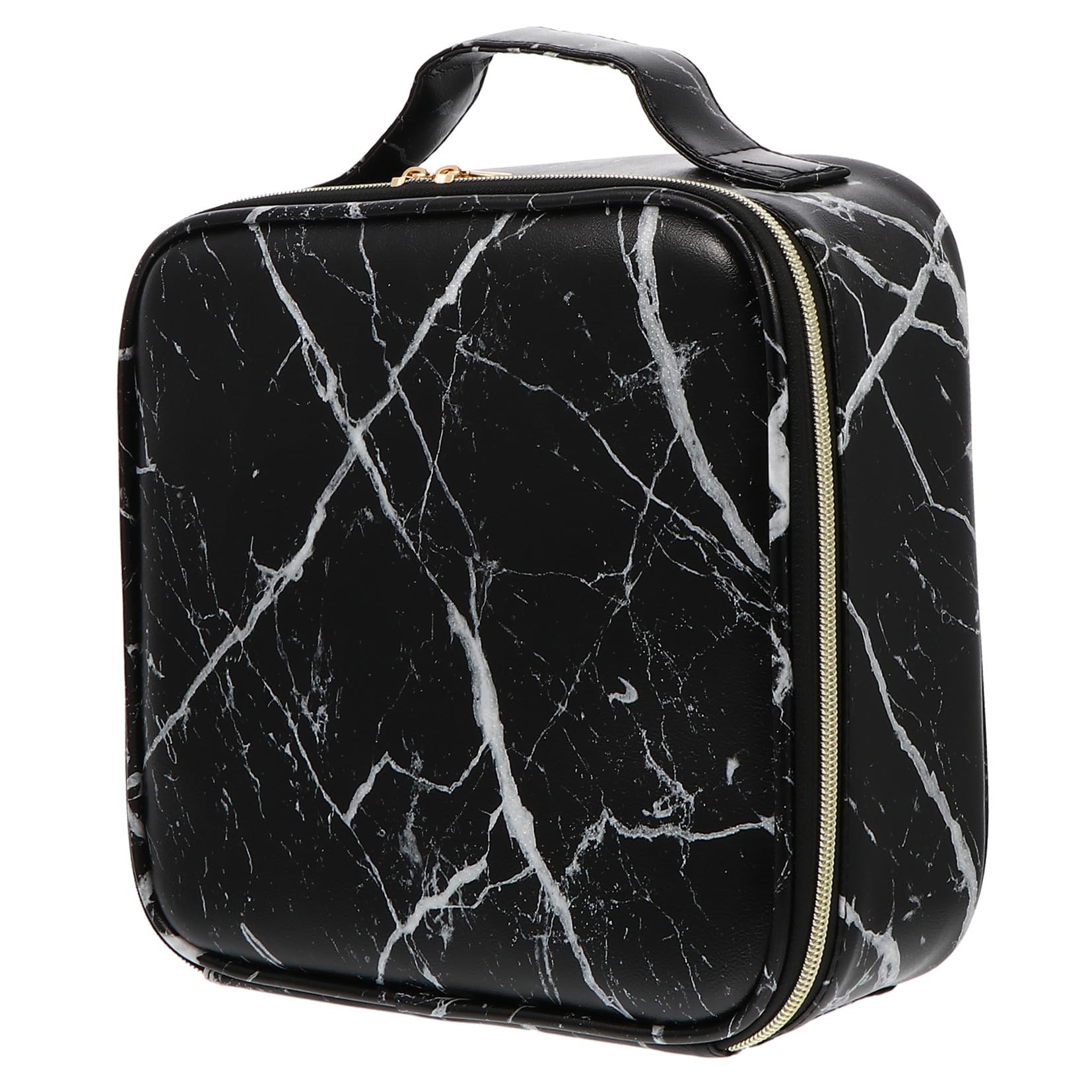 Organizer Trucchi da Viaggio a Scomparti, Nero, Manico | Motivo Marmorizzato Raffinato, Pu, Nylon e Metallo, per Palette e Prodotti Cura, Ordine Facile