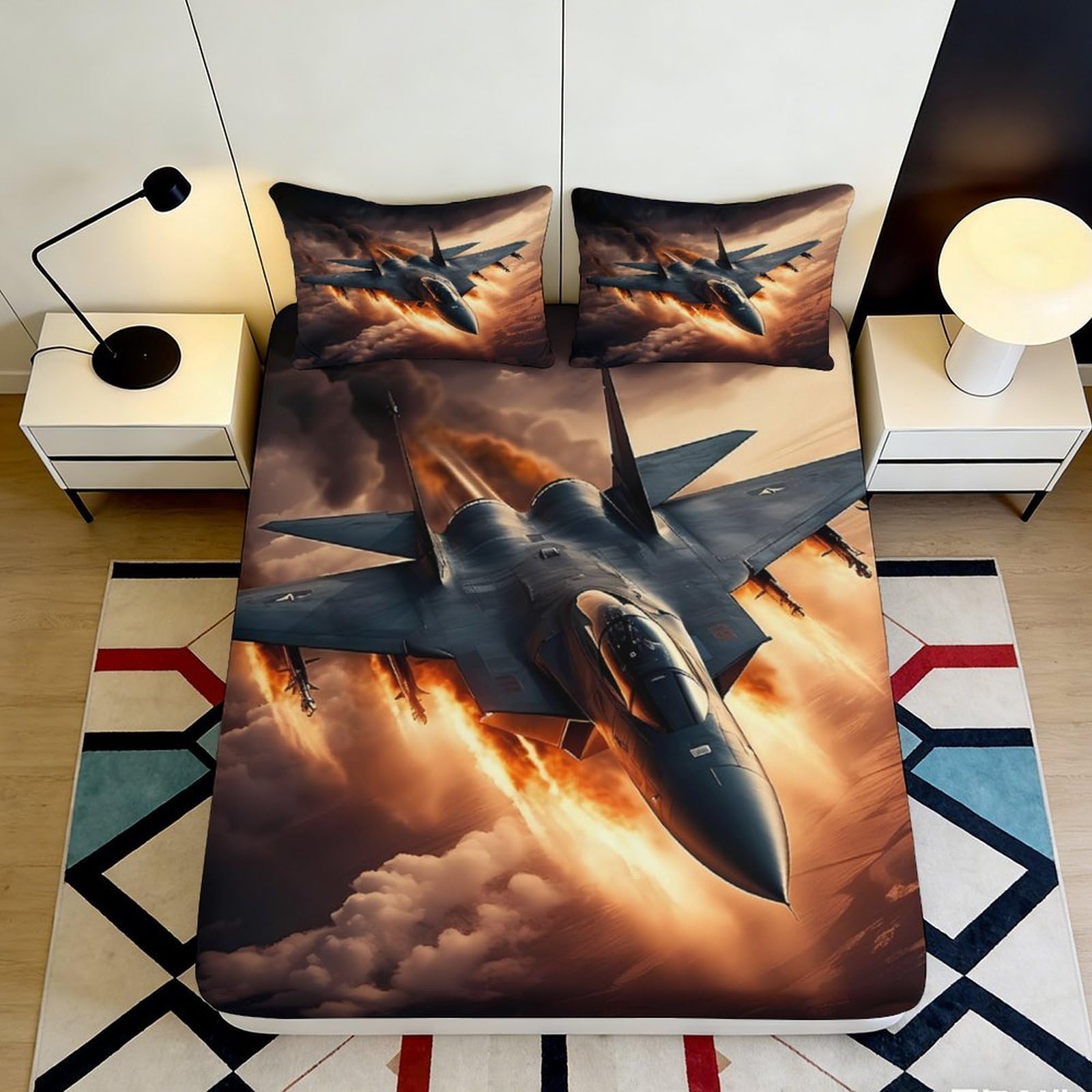 3D Printed Fighter Jet Fitted Sheet Microfiber Soft Breathable Sunset Sky Bed Cover for Bedroom Dorm Decor 90x200x25cm