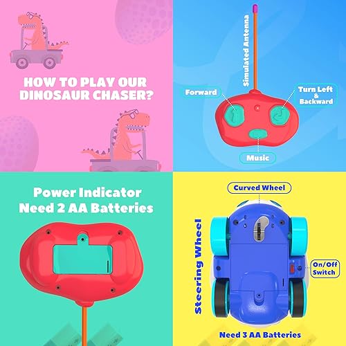 Miniatura 5 de BEZGAR Auto a control remoto para niños pequeños, paquete de 2 juguetes de dinosaurio con controladores de dinosaurios reemplazables, idea de regalo
