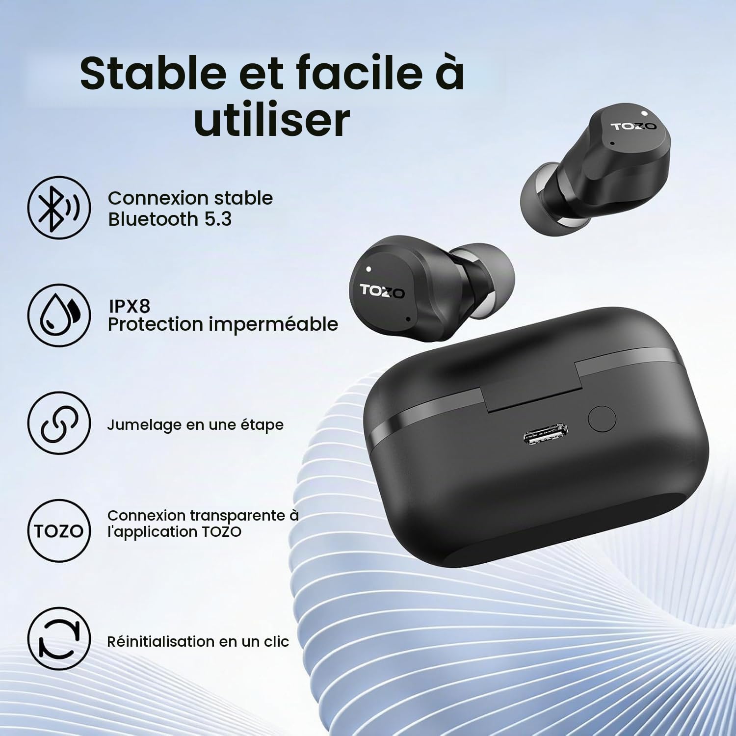 TOZO NC9 Écouteurs Bluetooth 5.3 sans Fil avec ANC Hybride Jusqu’à 45 DB
