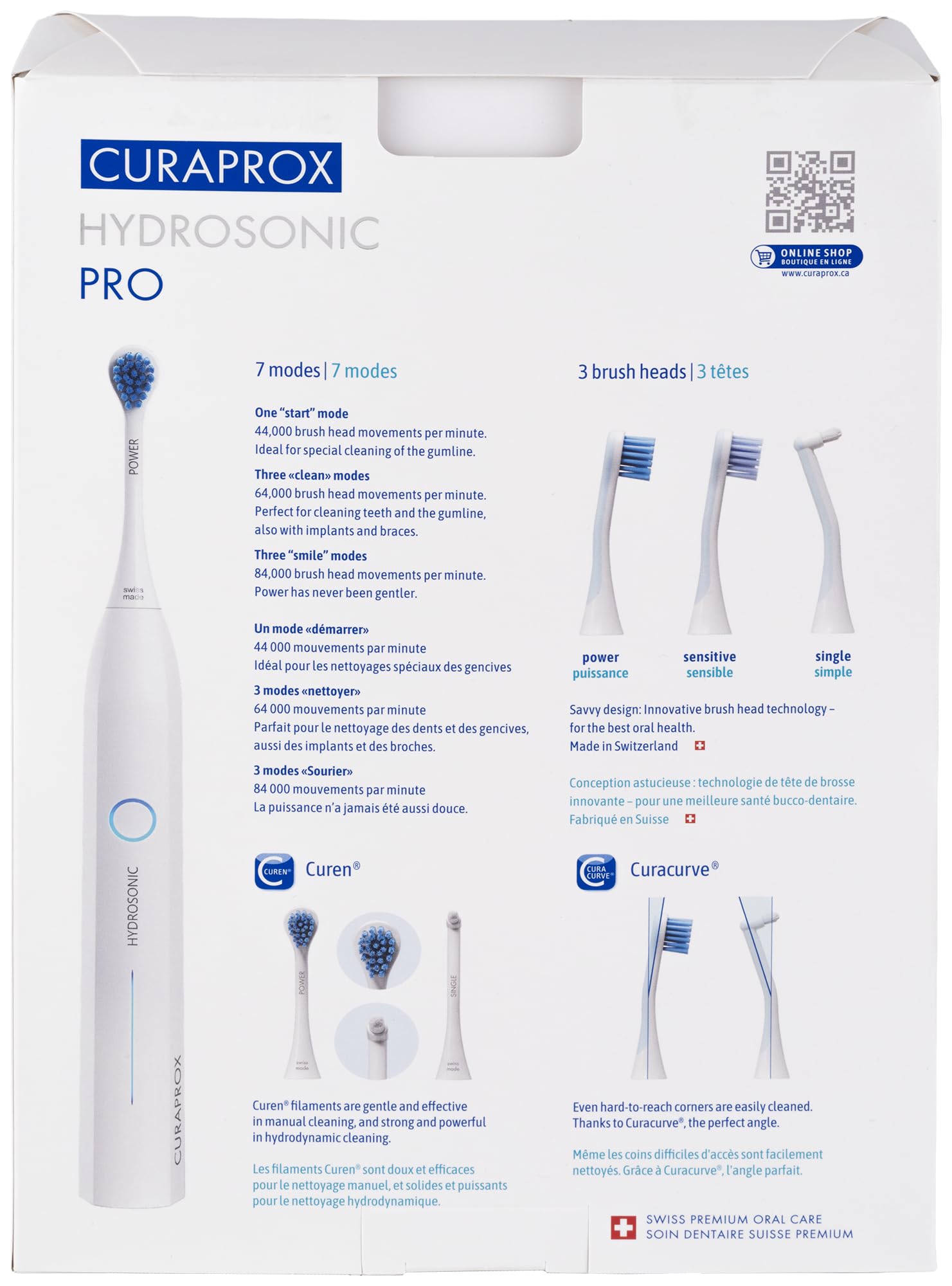 Curaprox Brosse à dents Sonique Hydrosonic Pro – Pour Dents Sensibles, Implants et Appareils Orthodontiques/Nettoyage professionnel à Domicile/Set avec Trois têtes de brosse/Conçu en Suisse