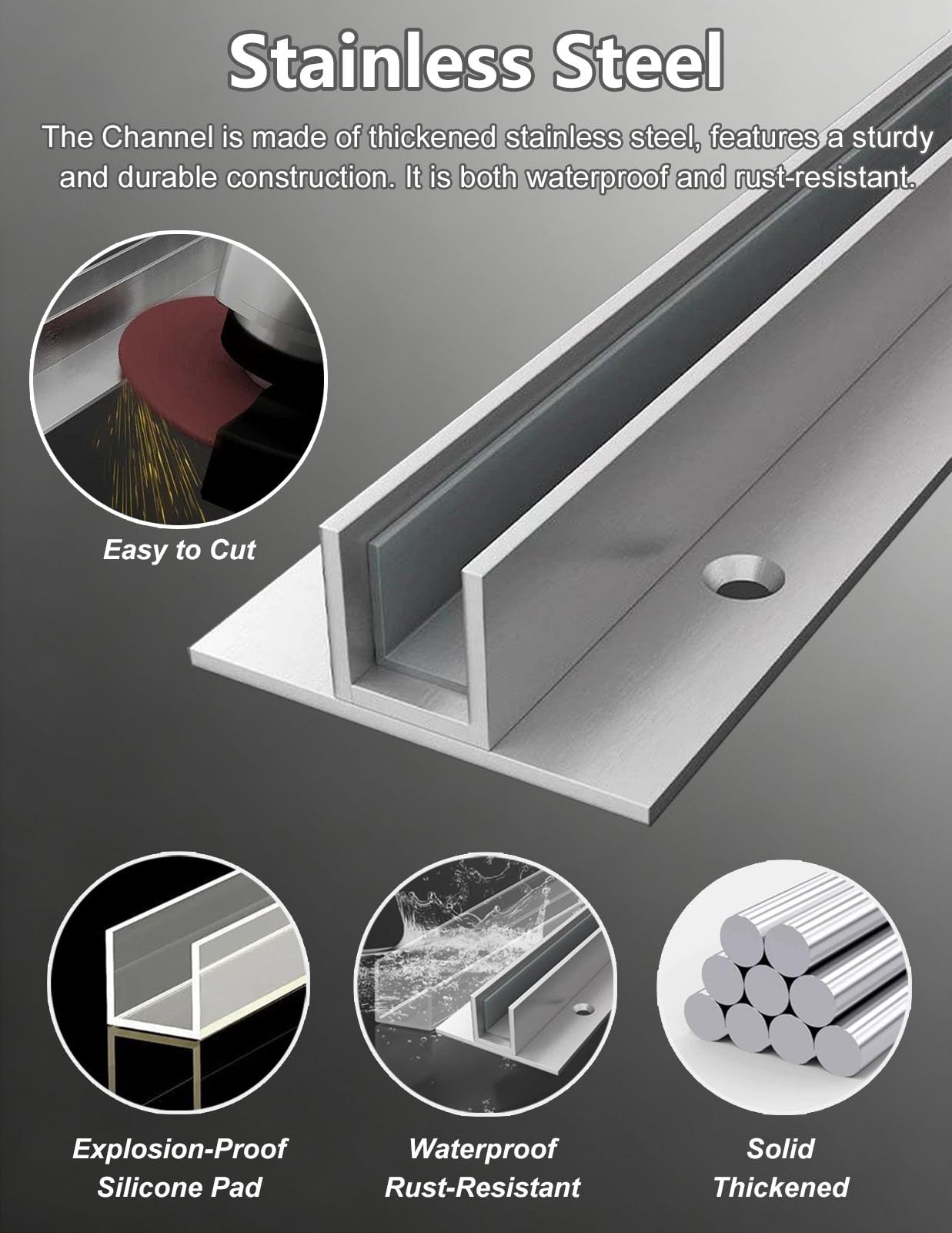 Perfil Aluminio Guía de Canal de Vidrio con Almohadilla de Silicona | Canaleta Metálica Resistente para Vidrio de Baño para Tabique Divisorio, Riel para Puerta De Ducha de 0,6 0,8 1 1,2 1,4 m