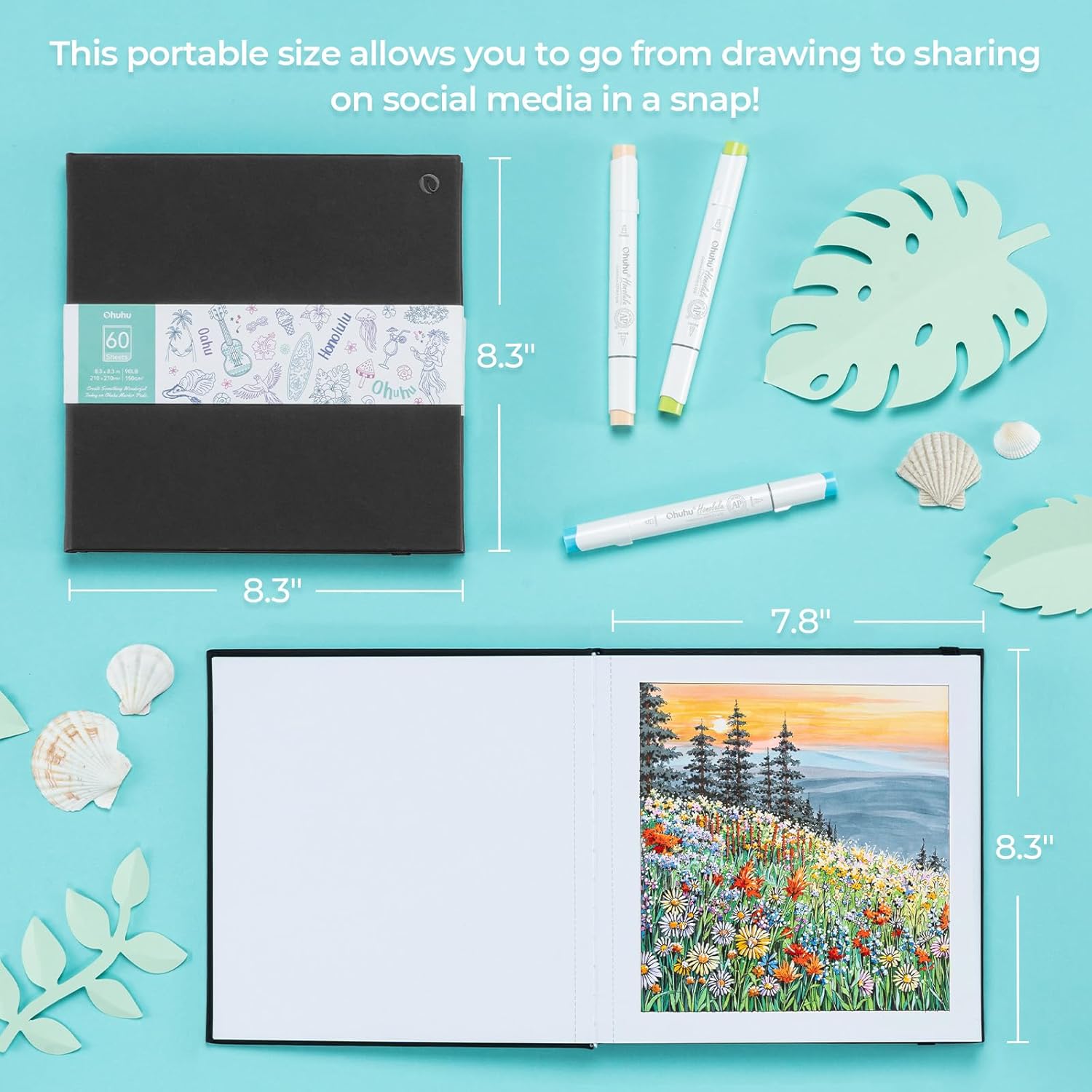 Ohuhu Double-Sided Marker Pad Art Sketchbook Bleedproof - 8.3"x8.3" Square Paper Size - 90 lb/150 gsm Smooth Drawing Paper - 60 Sheets/120 Pages - Hardcover Sketching Book for Alcohol Markers Paints - Image 3