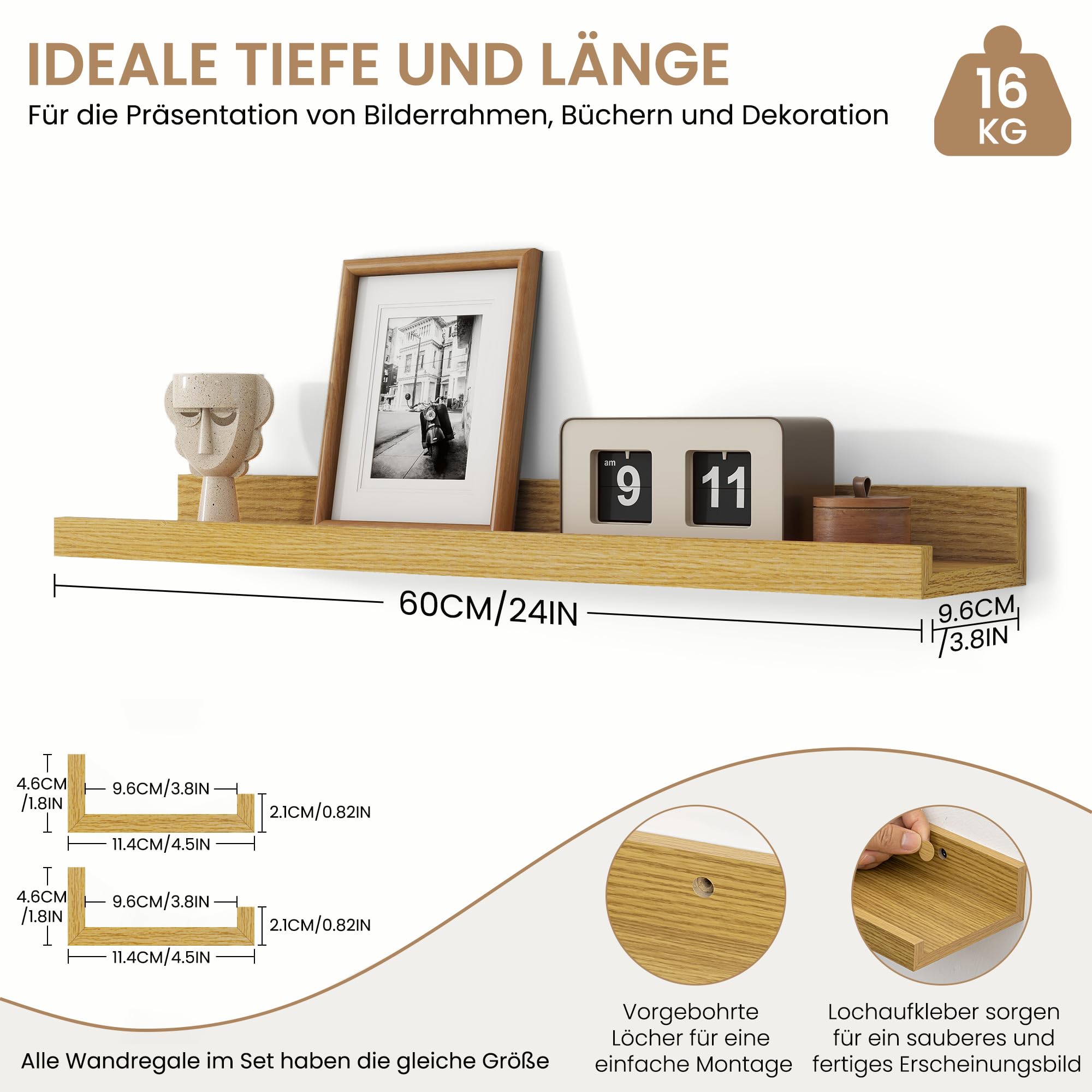 Feihorrm Wandregal Holz 60 cm, Eiche Regal Wand Bilderleiste für Bilderrahmen und Bücher 2er Set, Schweberegal aus MDF Holz, Regalbrett Wandboard für Küche, Wohnzimmer, Schlafzimmer & Arbeitszimmer