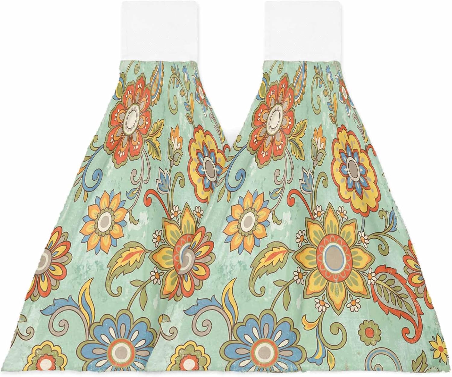 Teal Green Boho Floral Kitchen Hand Towels with Hanging Loops Set of 2 Vintage Abstract Art Ethnic Flowers Soft Thick Oven Fingertip Dry Microfiber Tie Dish Towel Absorbent Cleaning Washcloth